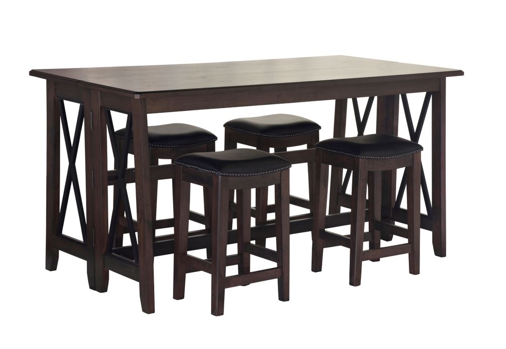 Dark Brown Finished Drop Leaf Table W 4 Stools Wood Dark Brown Seats 4 Wood 72 Inches Transitional Rectangular Solid Wood Mdf