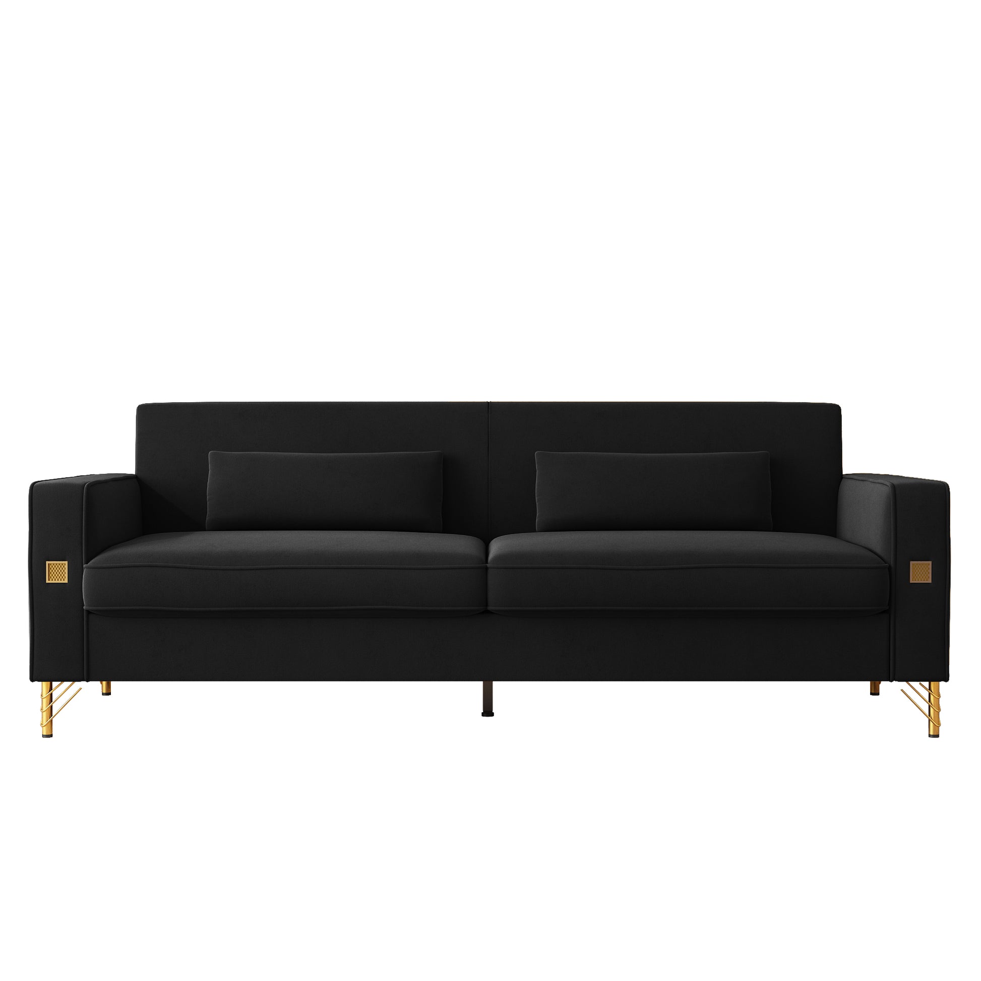 Fx P18 Bk Sofa Luxury Velvet Sofa With Gold Accents Modern 3 Seat Couch With Plush Cushions, Perfect For Living Room And Office Decor Black Velvet 3 Seat