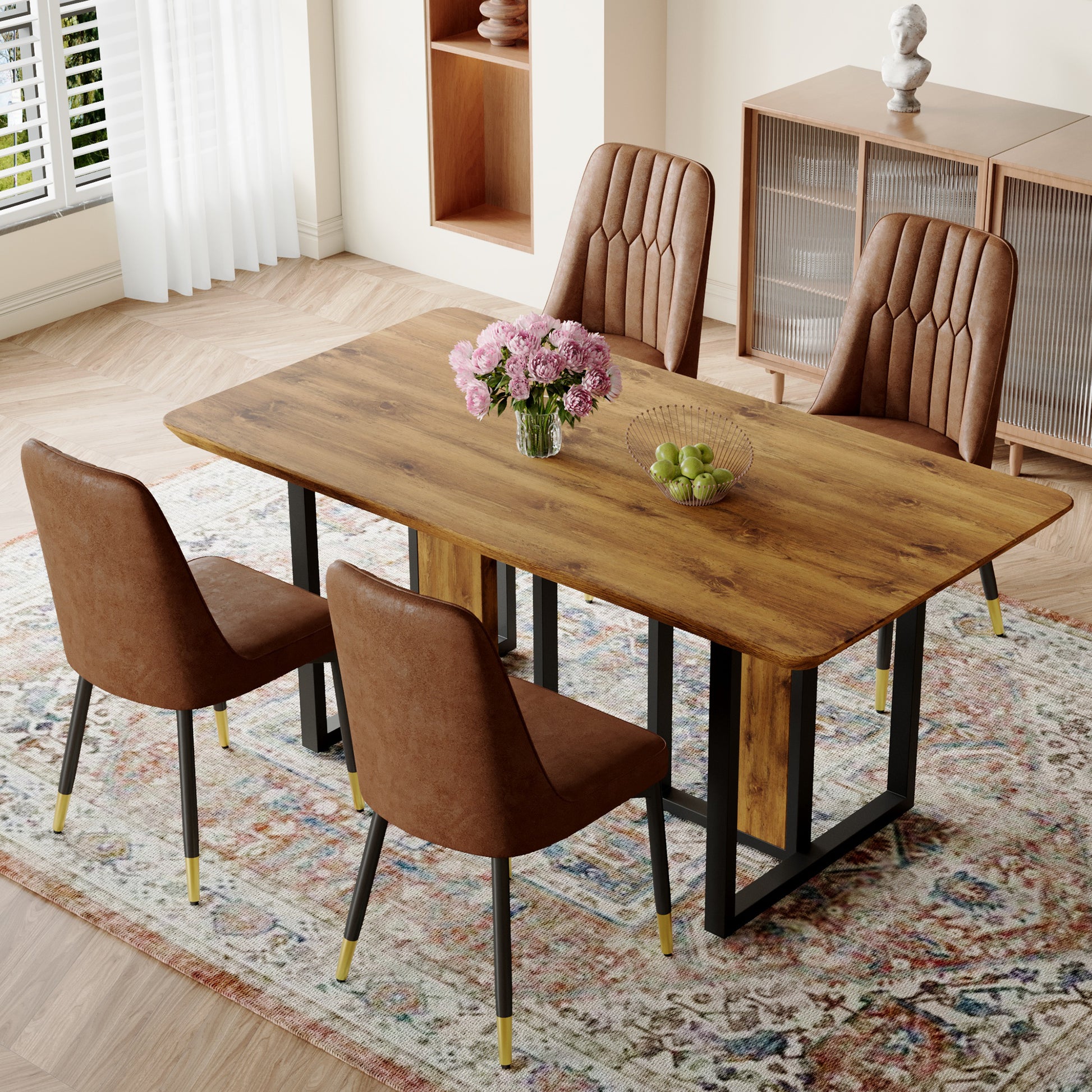 Table And Chair Set.67"X36" Wood Textured Mdf Dining Table Set With 4 Brown Suede Chairs.Mdf Sticker,Wood Colored Texture Sticker,Brown Armless Dining Chair,Suitable For Kitchen,Dining Room,Etc.