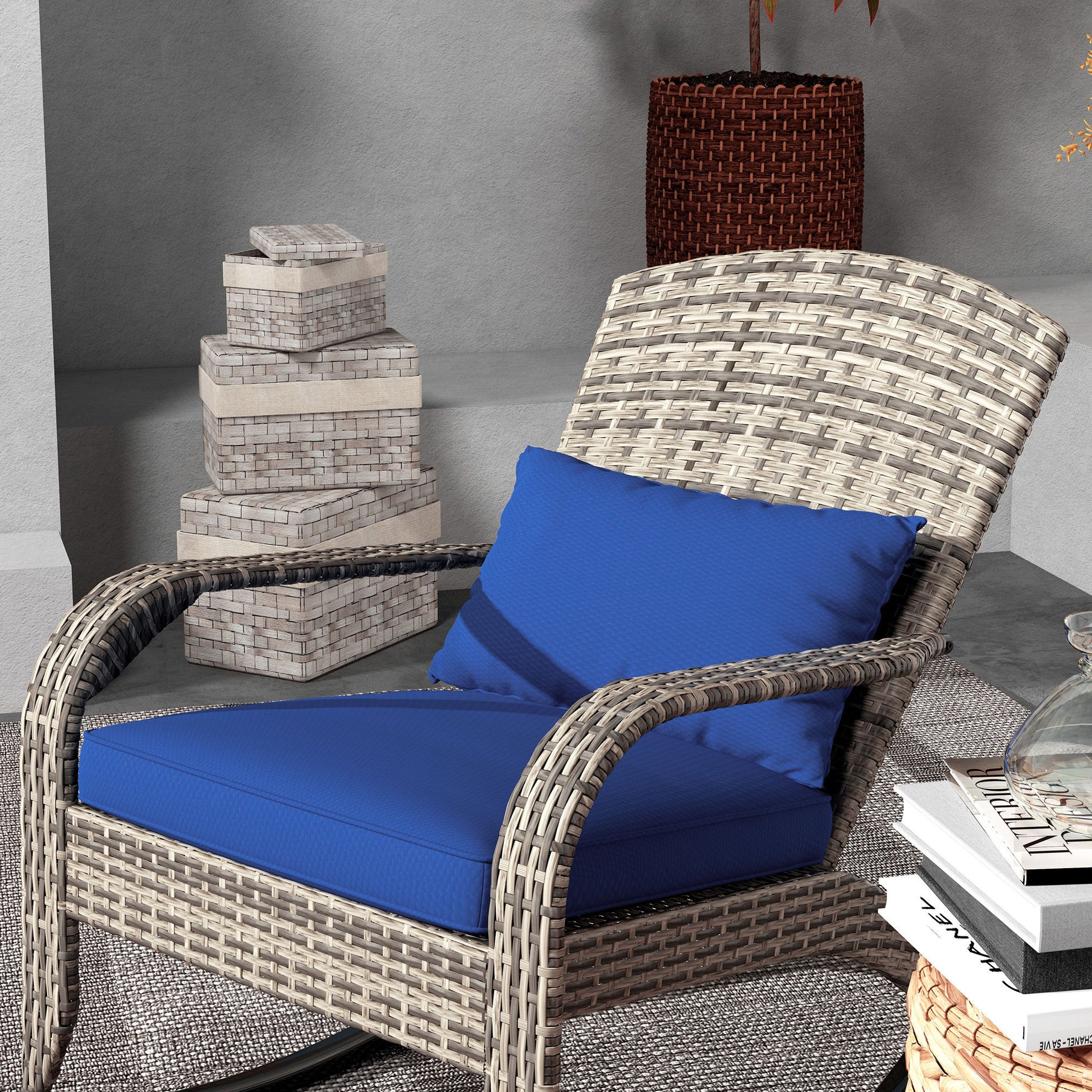 Outsunny Outdoor Wicker Adirondack Rocking Chair, Patio Rattan Rocker Chair With High Back, Seat Cushion, And Pillow For Garden, Porch, Balcony, Dark Blue Blue Rattan