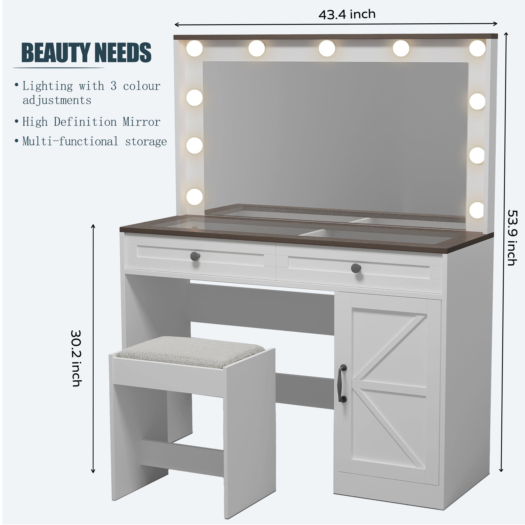 43.4"Makeup Vanity Table, Makeup Table With Large Mirror And 11 Led Lightbrightness Adjustable, Dressing Table Desk With 3 Drawers, Vanity Desk For Women White With Stool White Particle Board