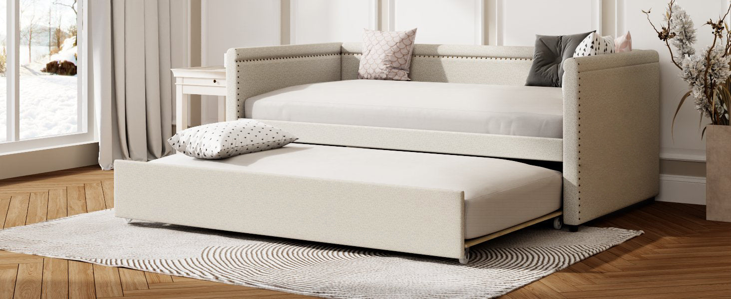 Modern Style Twin Size Upholstered Daybed With Trundle For Guest Room, Small Bedroom, Study Room, Beige Box Spring Not Required Twin Beige Wood Bedroom Traditional Daybeds Linen Upholstered