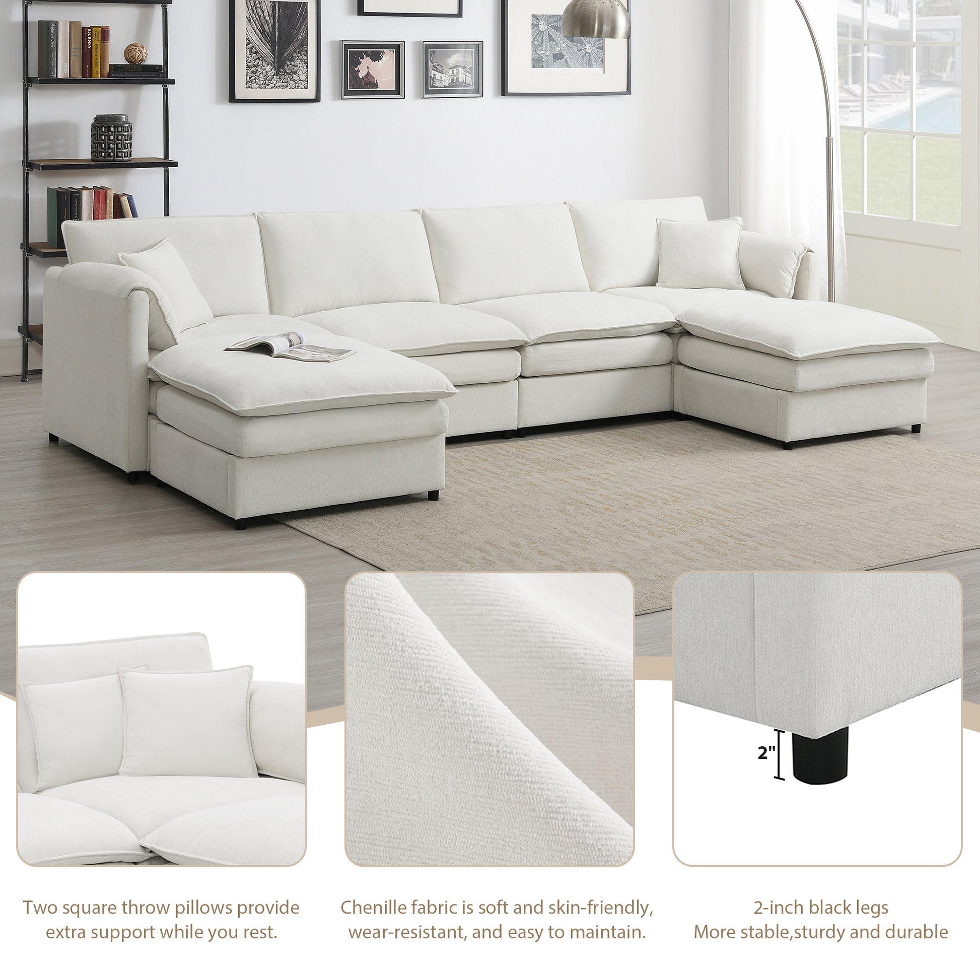 134*66" Chenille Modular Sectional Sofa,U Shaped Cloud Couch Set With Double Cushions ,6 Seat Sleeper Sofa Bed With Ottomans,Oversized Indoor Furniture For Living Room, 3 Colors Cream Chenille 6