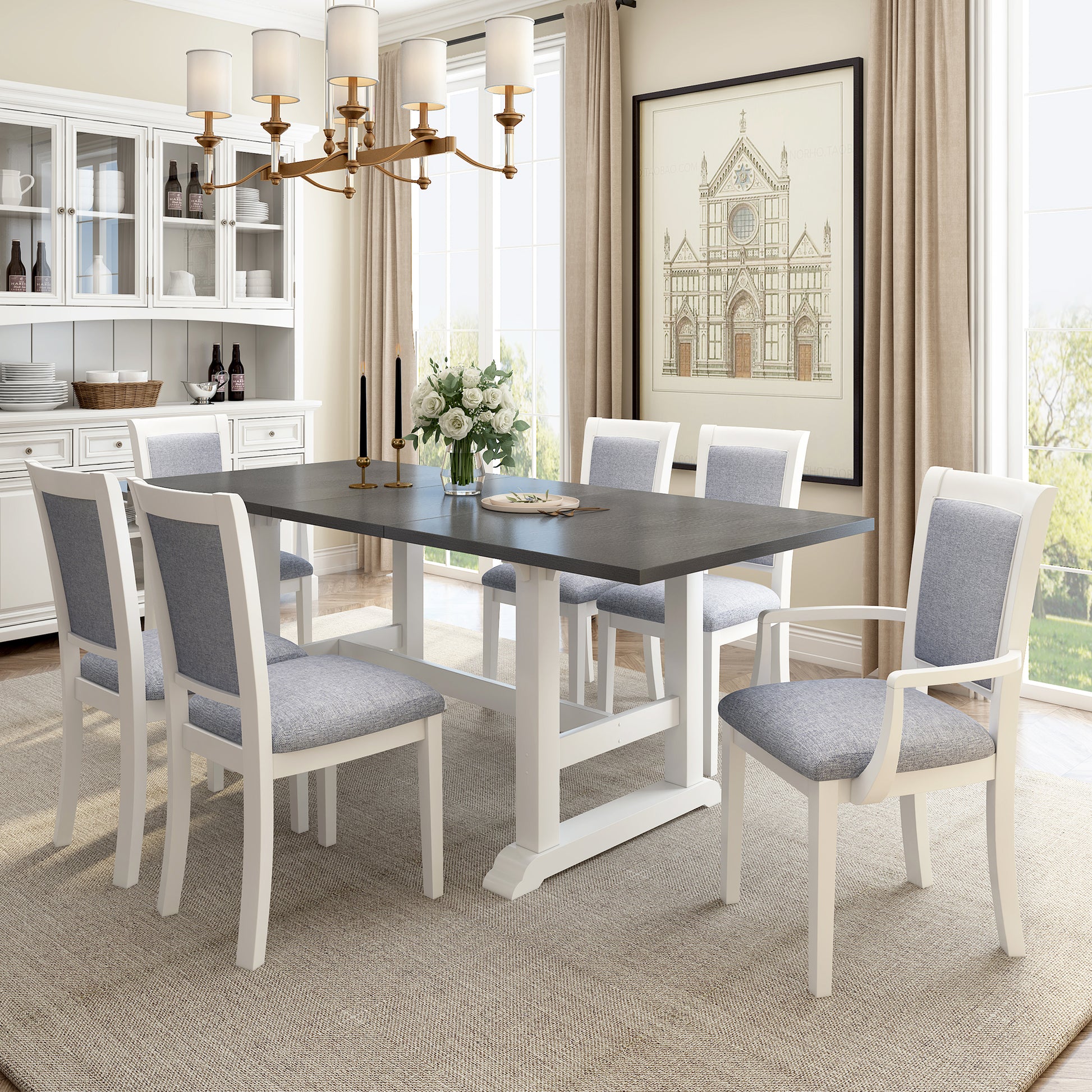 7 Piece Updated 76.9Inch Extendable Trestle Dining Table Set With Removable Leaf, Kitchen Table Set With Upholstered Side Chair And Arm Chair, Set Of 6, White White Wood Dining Room Solid Wood Rubberwood Rectangular Dining Table With Chair Upholstered