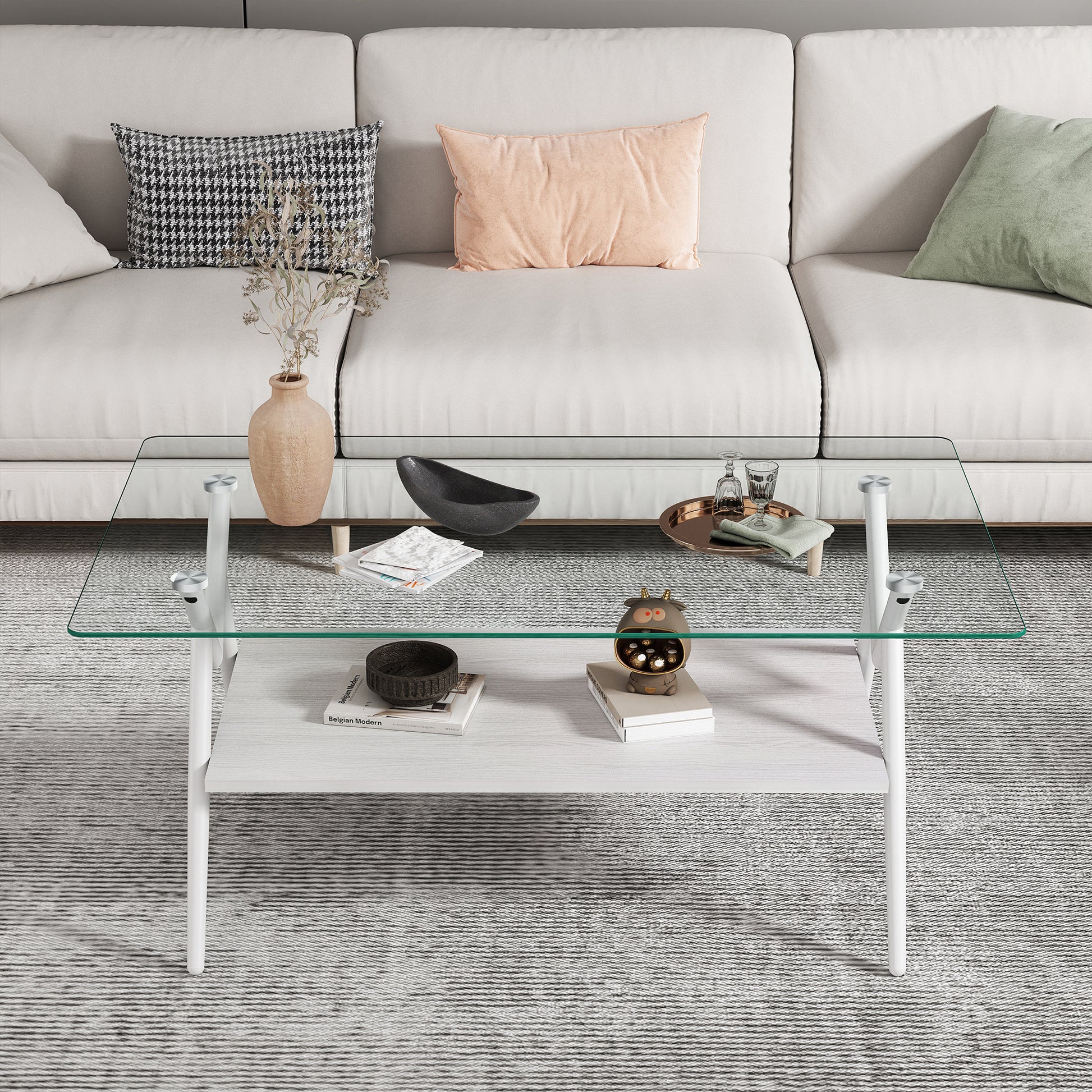 Rectangle Coffee Table With Tempered Glass Top And White Metal Legs, Modern Table For Living Roomtransparent Glass Transparent Tempered Glass