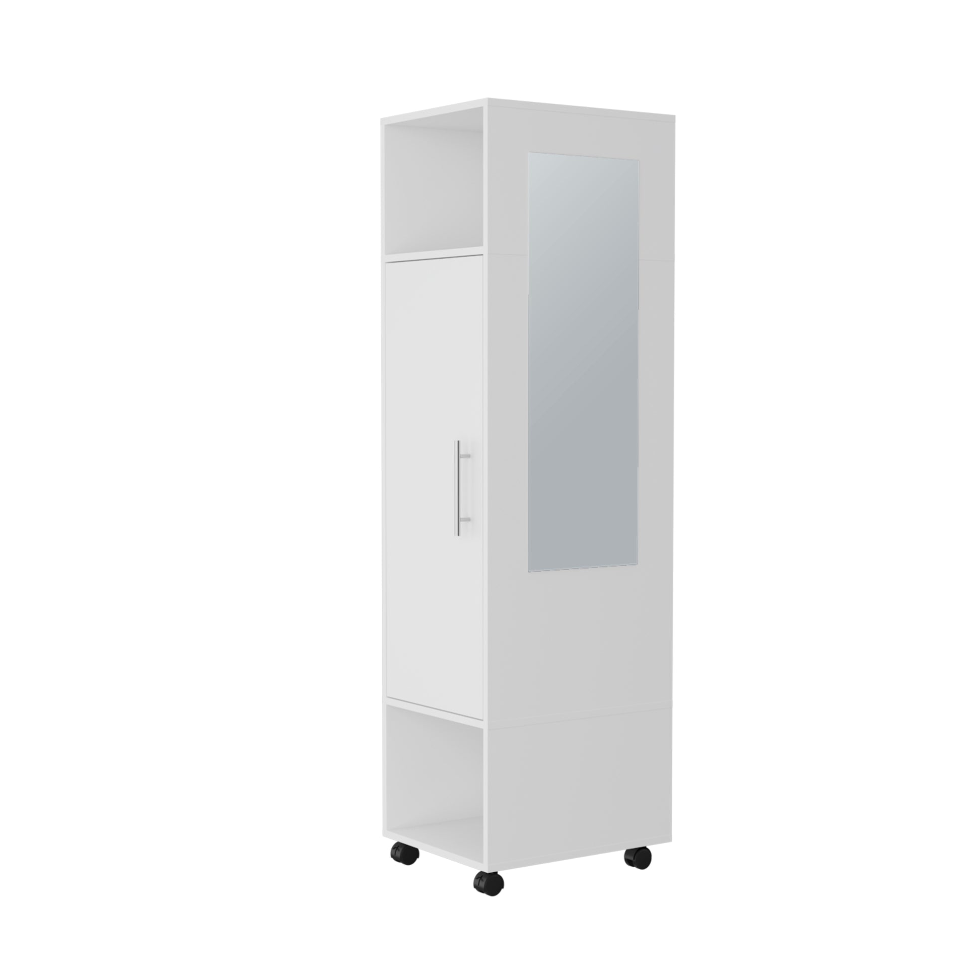 Cluster 63" Tall Wardrove One Door Cabinet With Mirror, Three Shelves, Casters And Hanging Rod, Armoire, Bedroom Clothes Storage, Cabinet Organizer White Particle Board