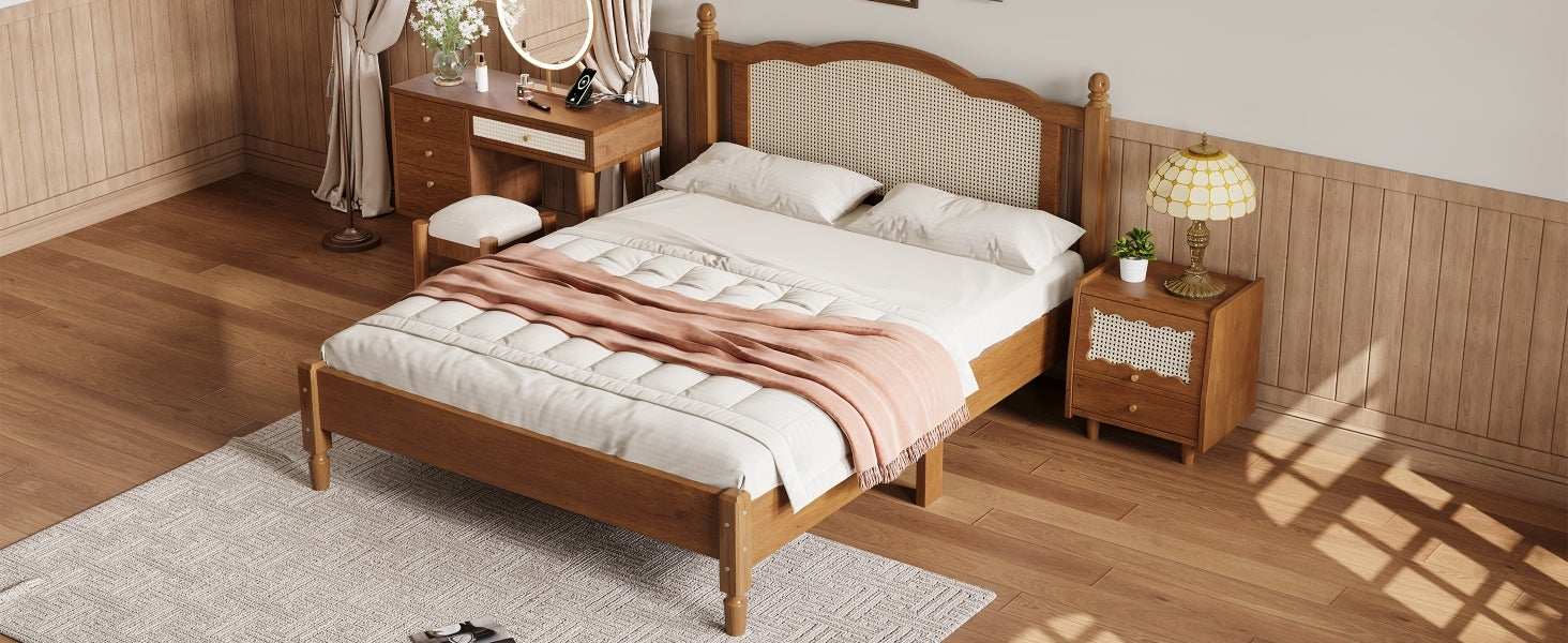 3 Pieces Bedroom Set With Queen Size Wooden Bed Frame, 1 Vintage Nightstand And 1 Makeup Vanity Set With Stool,Walnut Queen Walnut 3 Piece Set Wood