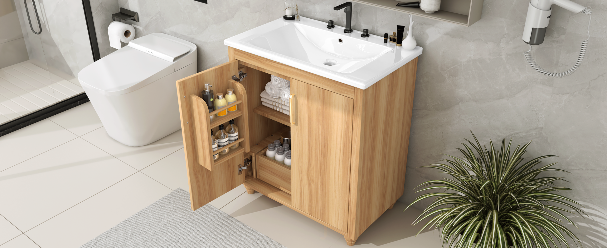 30" Bathroom Vanity With Sink Combo, Multi Functional Bathroom Cabinet With Doors And Drawer, Mdf Board, Natural Natural Solid Wood Mdf