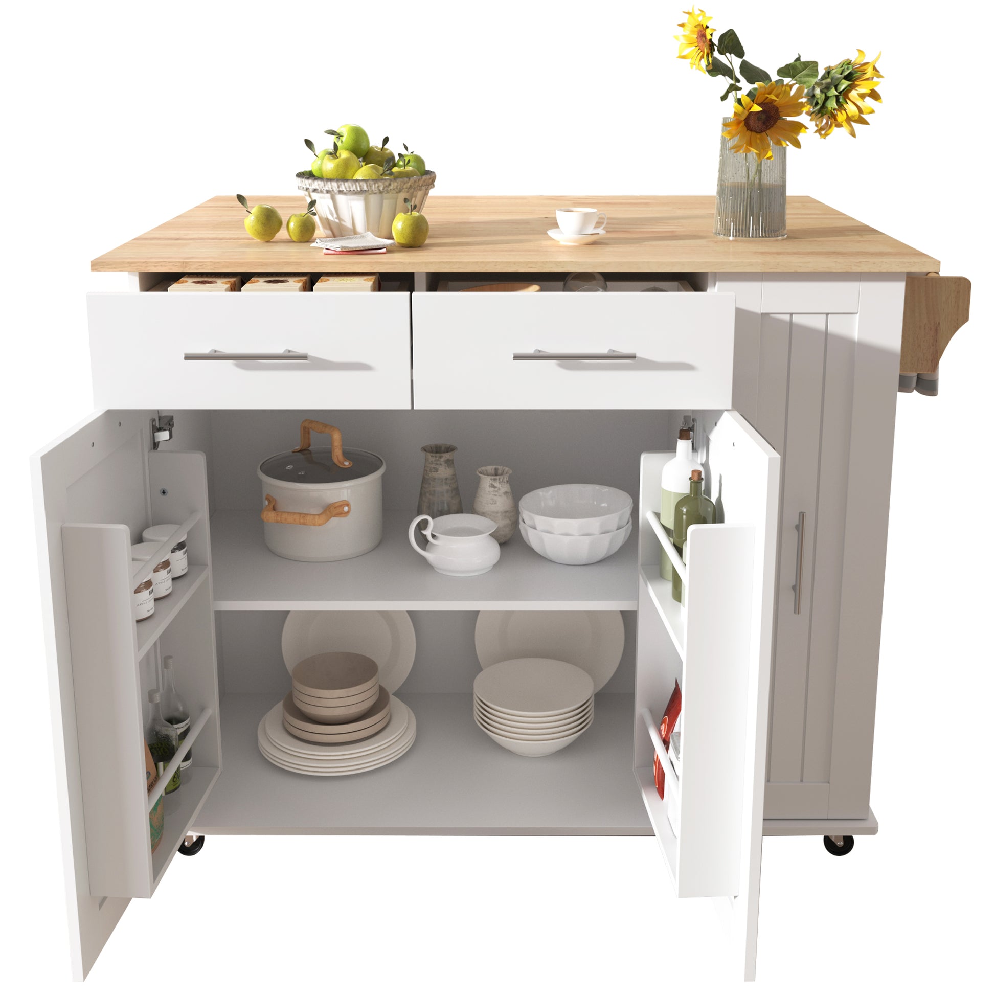 K&K Kitchen Island With Drop Leaf, Kitchen Storage Cart With 3 Tier Pull Out Cabinet Organizer, Internal Storage Rack, Rolling Kitchen Cart On Wheels With Towel Rack, 2 Drawers, For Kitchen, White White Brown Kitchen Classic,Farmhouse,Luxury,Modern