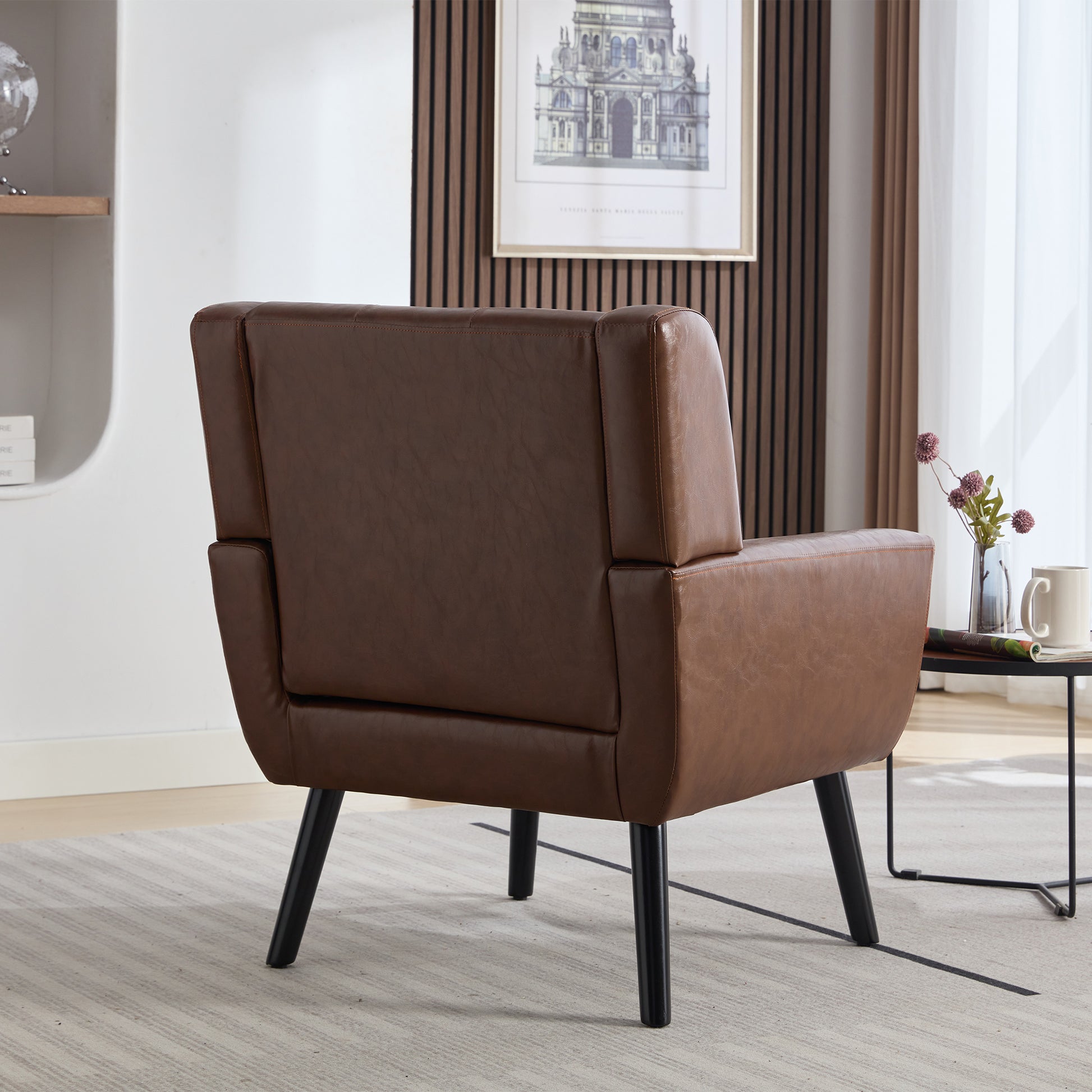 Modern Soft Leather Material Ergonomics Accent Chair Living Room Chair Bedroom Chair Home Chair With Black Legs For Indoor Home Brown Pu Brown Foam Upholstered