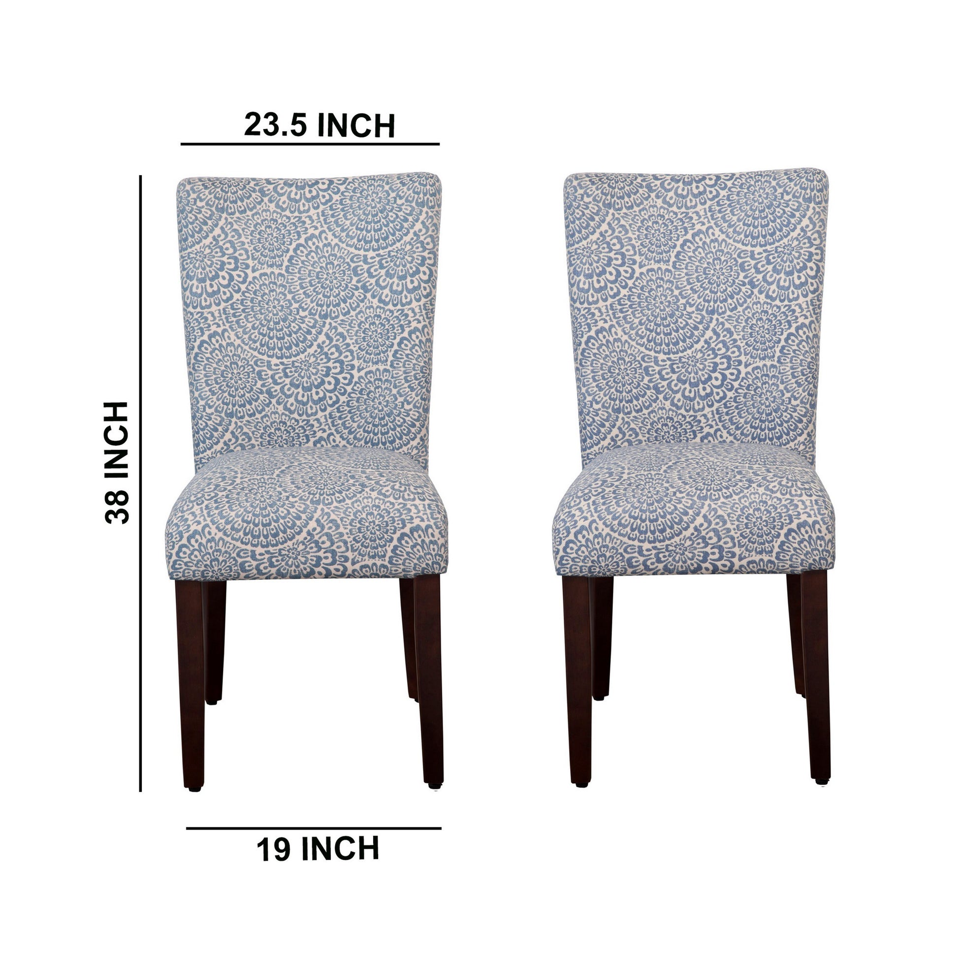 Wooden Parson Dining Chairs With Floral Patterned Fabric Upholstery, Blue And White, Set Of Two Blue Wood Fabric