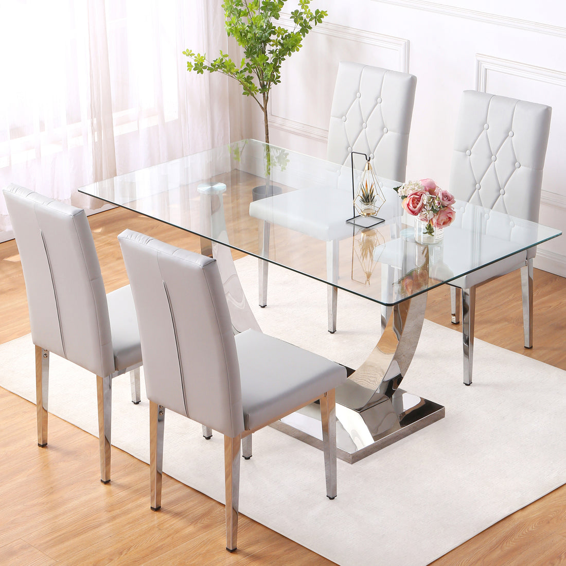 Table And Chair Set, Modern Dining Table, Tempered Glass Tabletop And Silver Colored Leg Table, Soft And Comfortable Dining Chair, Perfect For Dinner, Meetings, Home And Office Decor Gray Seats 4 Glass