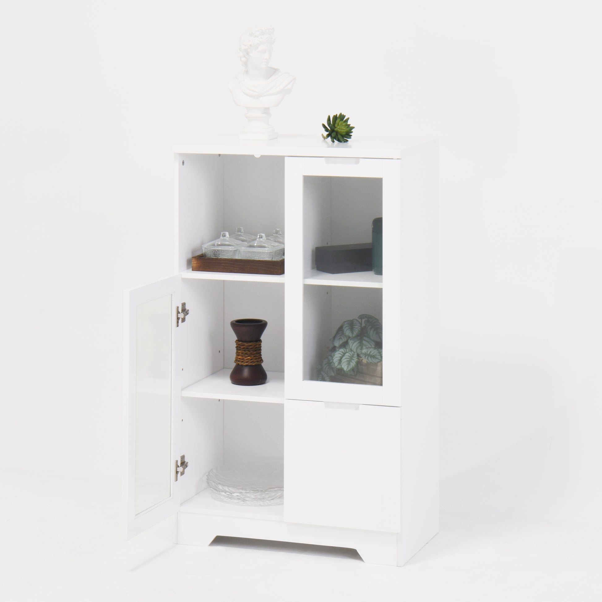 Wooden Floor Cabinet With 2 Glass Doors And 2 Storage Space,White ,Living Room Bathroom Entryway White White Mdf