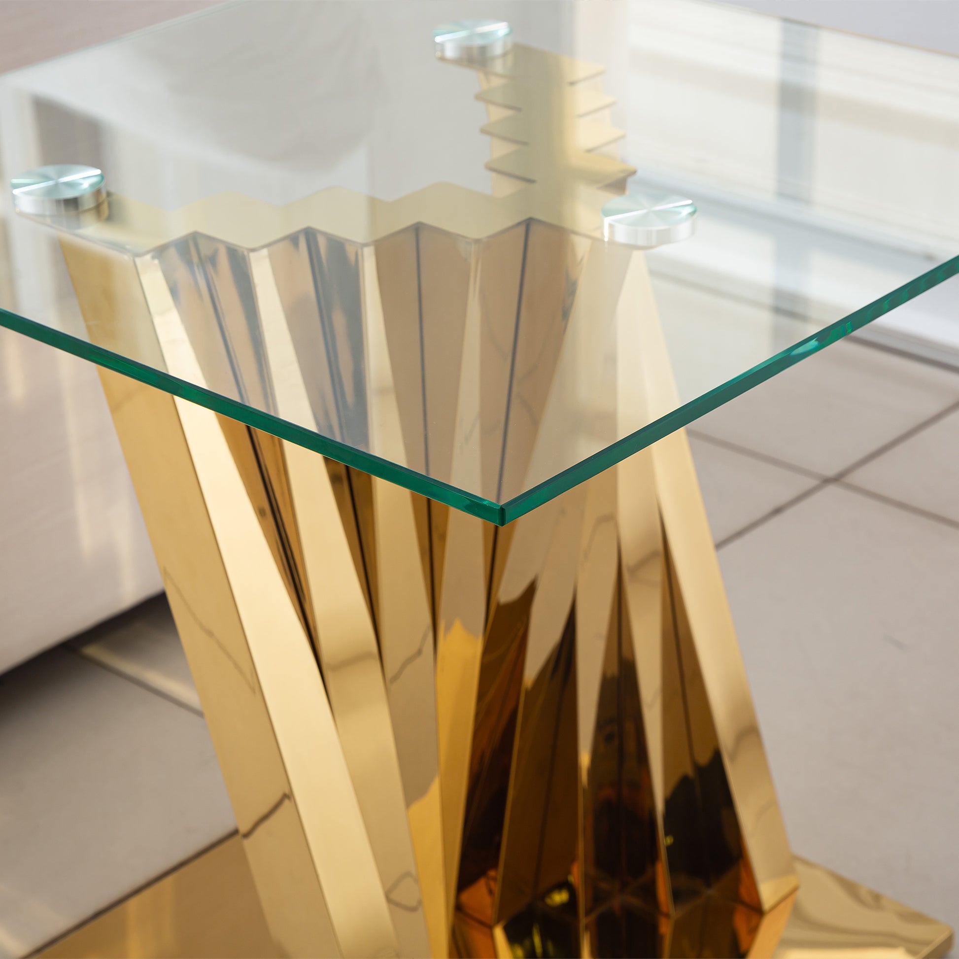 Tempered Glass Top End Table With Gold Mirror Finish Stainless Steel Base Gold Tempered Glass
