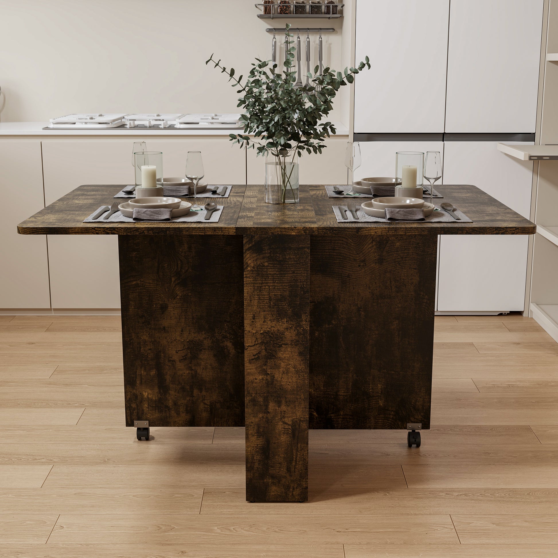 2407 Black Brown Foldable Dining Table, Fully Unfolded 51.18 Inches, Suitable For Small Family Tables Or Display Tables. Brown Mdf