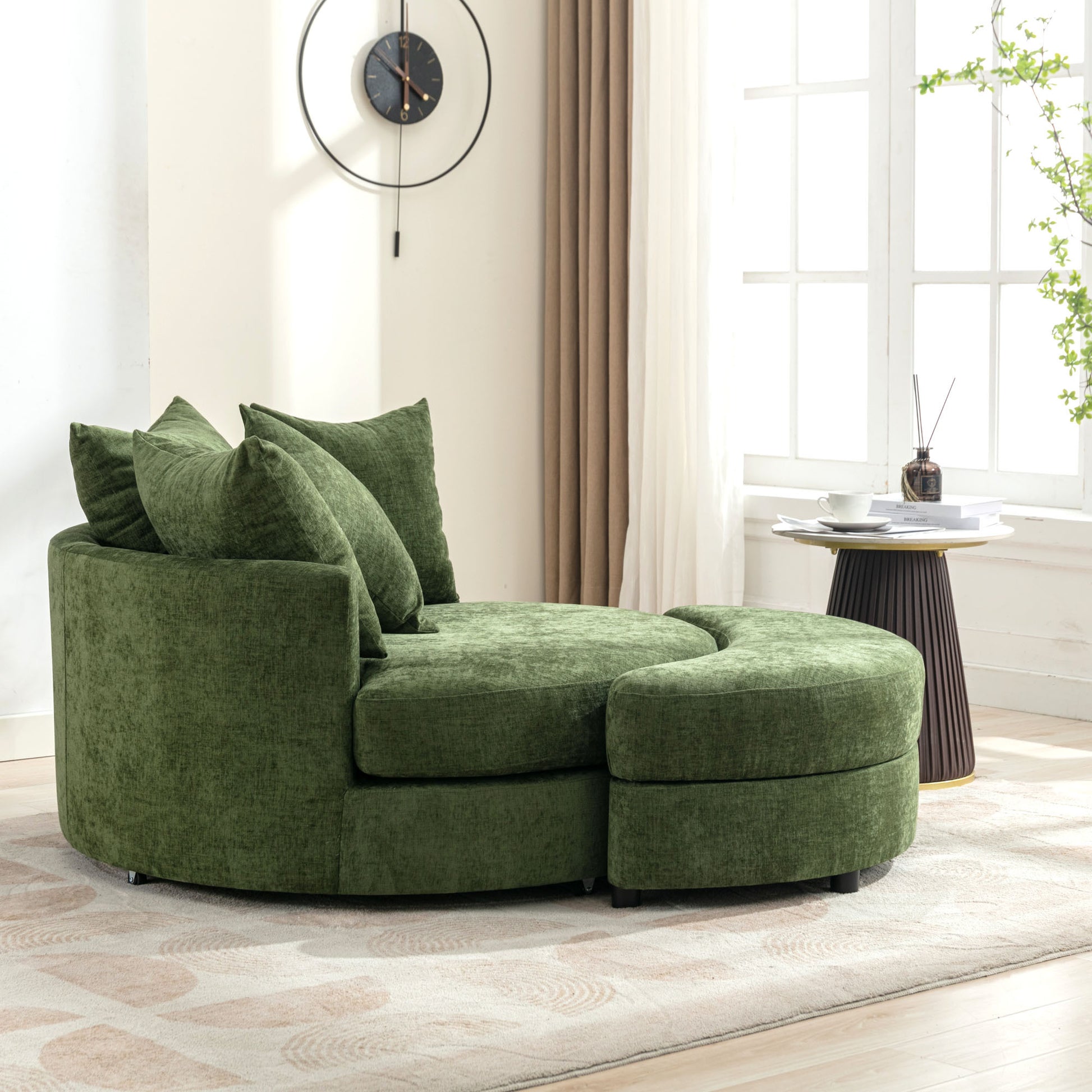 Orisfur. 360 Swivel Accent Barrel Chair With Storage Ottoman & 4 Pillows, Modern Chenille Leisure Chair Round Accent For Living Room, Green Green Foam Chenille