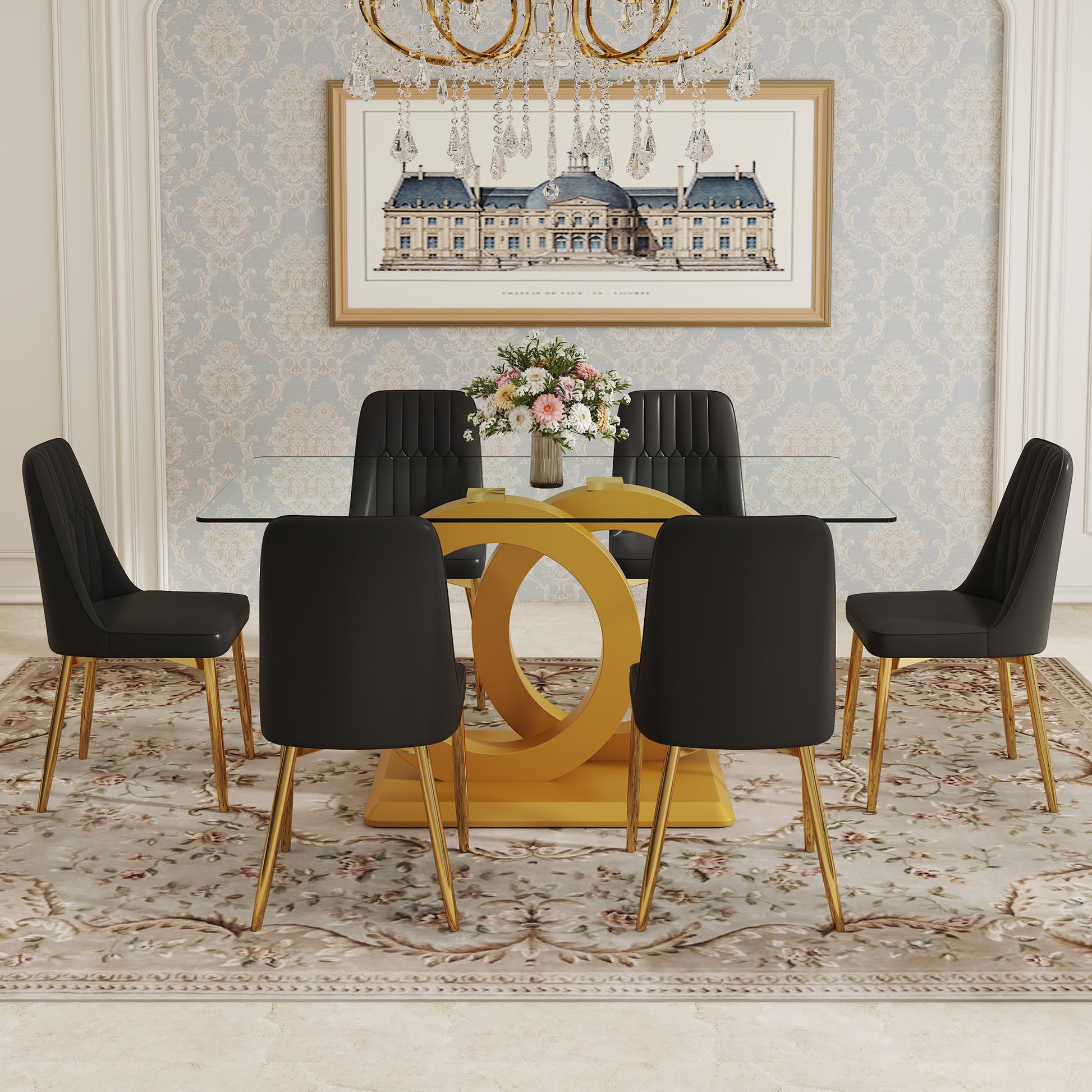 Table And Chair Set.63"W X 35.4"D X 30"H Clear Tempered Glass Desk And Chair Set With 6 Black Pu Chairs With Gold Metal Legs.Bring A Comfortable Home Experience To The Kitchen, Bedroom, And Office.