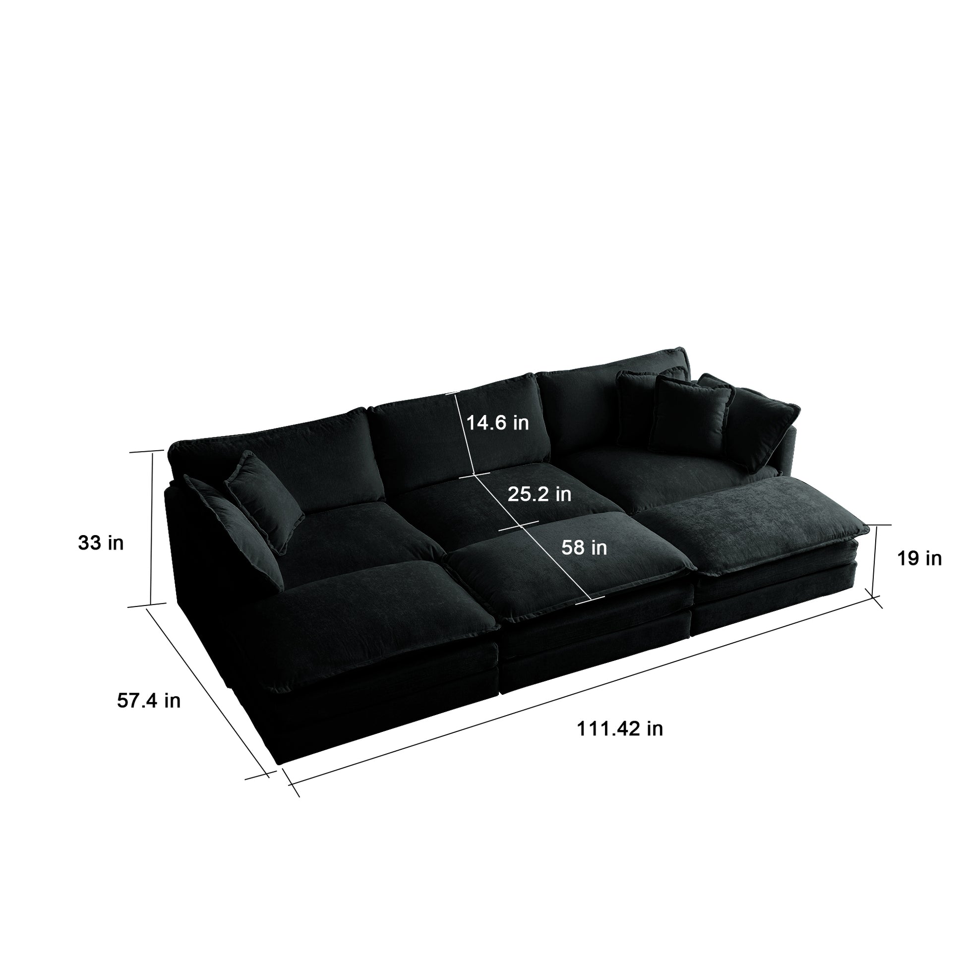 Comfortable Deep Seat Reversible Modular 6 Seater Sectional Super Soft Sofa U Shaped Sectional Couch With 3 Ottomans, 3 Toss Pillows And 2 Arm Pillows Black Chenille 3 Seat