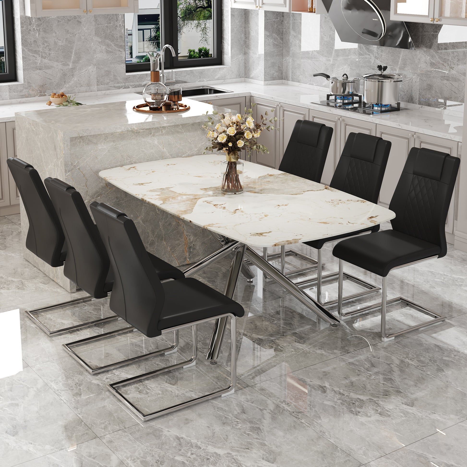 Table And Chair Set, Large Modern Minimalist Rectangular Dining Table, 0.39 "Imitation Marble Tabletop And Silver Metal Legs, Soft Leather Seats. F 1537 Silver Glass Metal