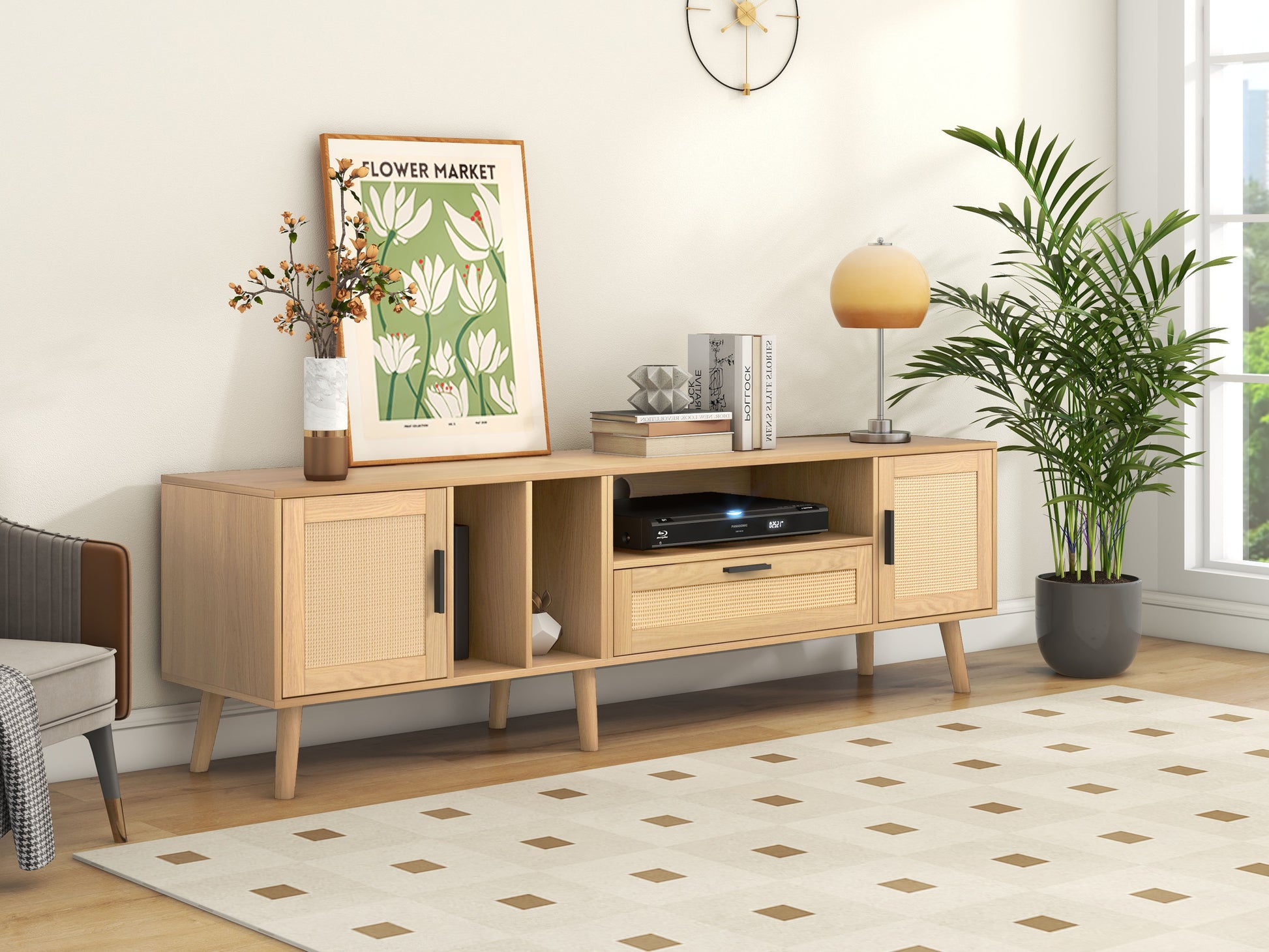 Rattan Tv Stand With 2 Cabinets & 2 Open Shelves, Rattan Inspired Media Console Table For Tvs Up To 80'', Entertainment Center With Solid Wood Legs, Tv Cabinet For Living Room, Bedroom, Home Theatre Natural Wood Primary Living Space 60 69 Inches 60 69