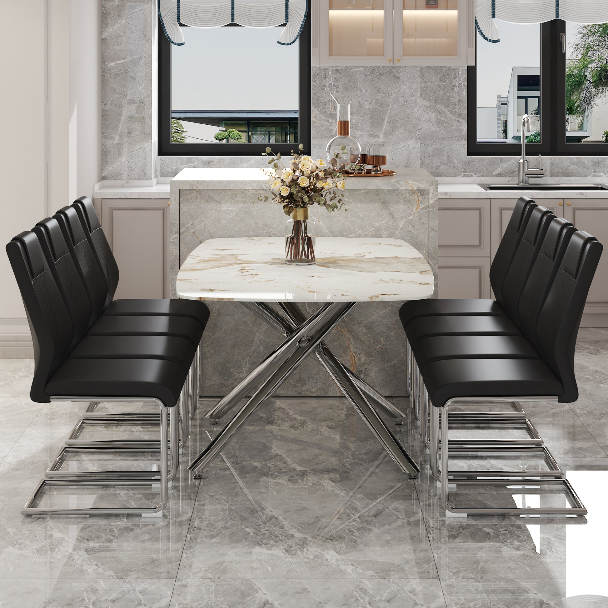 Table And Chair Set.Modern Luxurious White Marble Patterned Tempered Glass Dining Table With 8 Chairs.Single Fork Silver Metal Table Legs.Black Pu Dining Chairs With Silver Metal Legs. Black,Silver