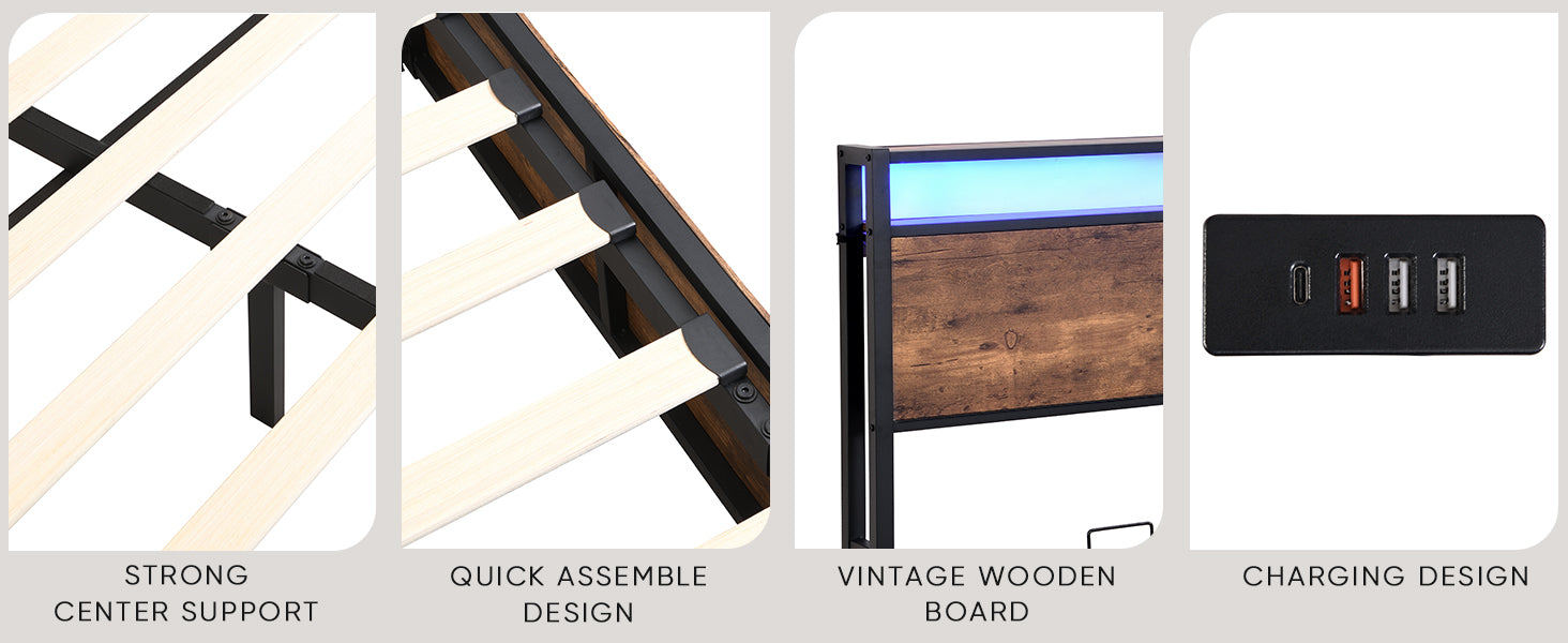 Lift Up Storage Bed Frame, Queen Size Bed Frame With Bookcase Headboard & Led Lights, Wooden Platform Bed Frame With Charging Station, No Spring Box Needed, Rustic Brown Box Spring Not Required Queen Rustic Brown Metal Brown Bedroom Industrial Bed Frame