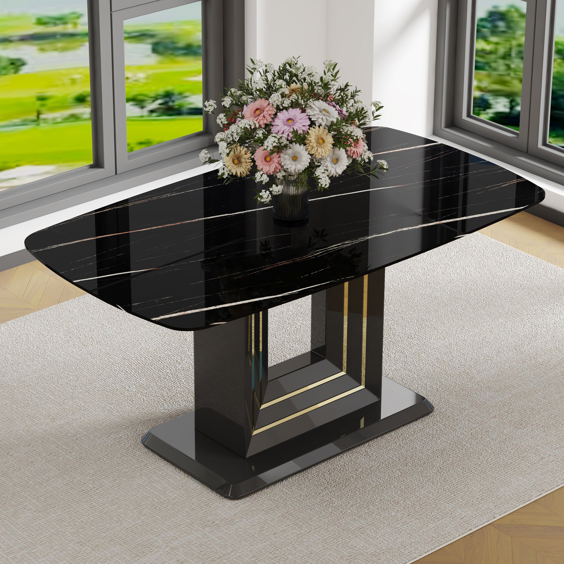 Rectangular 63" Marble Dining Table, Luxurious Dining Room Table With Faux Marble Top And U Shape Mdf Base, Modern Kitchen Dining Table For Kitchen Living Dining Room Black Luxury,Modern Mdf Glass