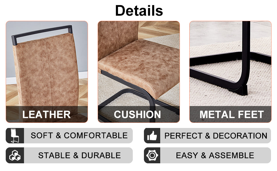 Table And Chair Set.Modern Dining Table, Tempered Glass Countertop With Artistic Mdf Legs.Paried With 6 Comfortable Chairs With Pu Seats And Metal Legs. Suitable For Various Decoration Styles. Black Brown,Transparent Seats 6 Mdf Metal