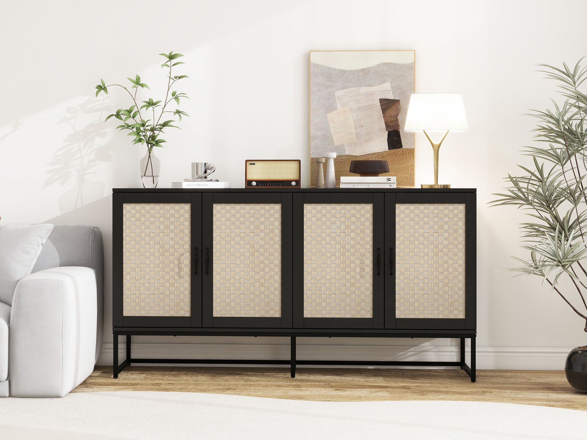 Rattan 4 Door Sideboardsideboard Buffet Storage Cabinet,Accent Storage Cabinetlarge Cabinet With 4 Rattan Decorated Doors For Living Room Dining Room Black Modern Particle Board Mdf