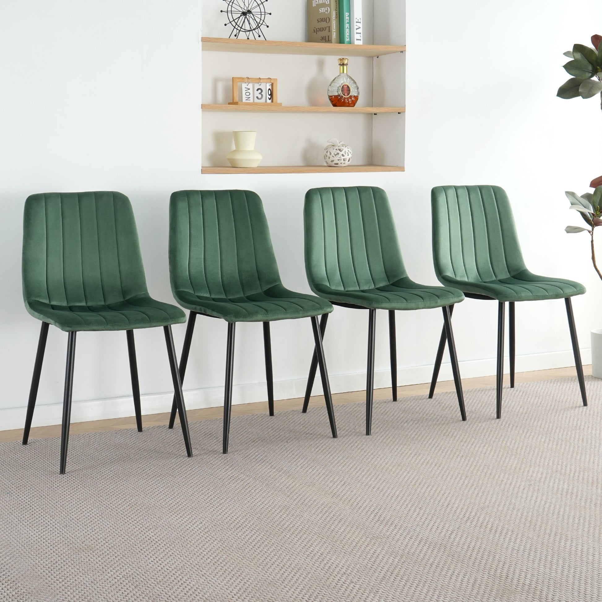 Indoor Green Velvet Dining Chair, Modern Kitchen Dining Chair With Cushion Back, Upholstered Side Chair With Black Coated Metal Legs, Family Kitchen Dining Room And Living Room Set Of 4 Metal Green Velvet