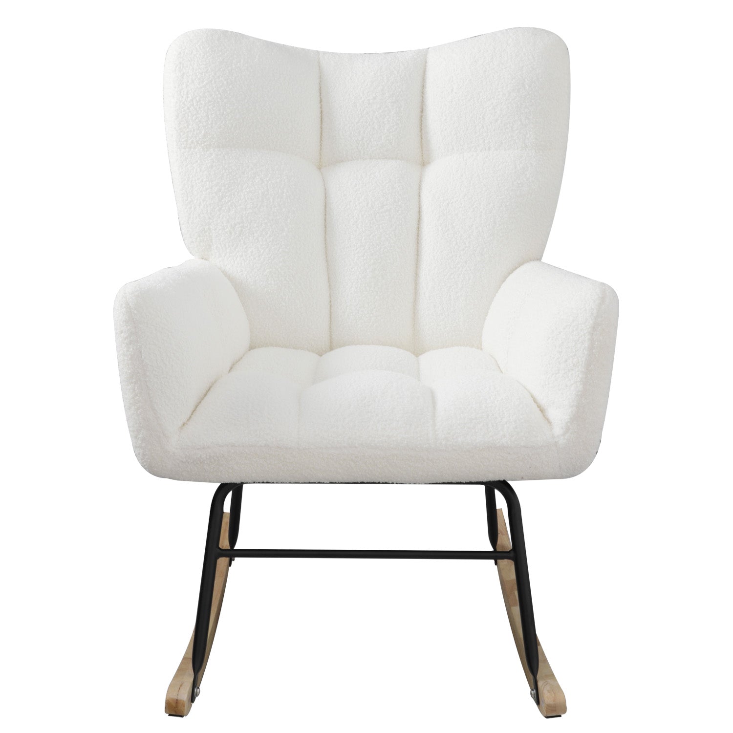 Teddy Fabric Rocking Chair, Upholstered Rocker Armchair With High Backrest, Modern Rocking Accent Chair For Nursery, Living Room, Bedroom, White Metal White Light Brown Bedroom Foam Wipe Clean Modern Rocking Chairs Rubberwood Tufted Back Foam Fabric