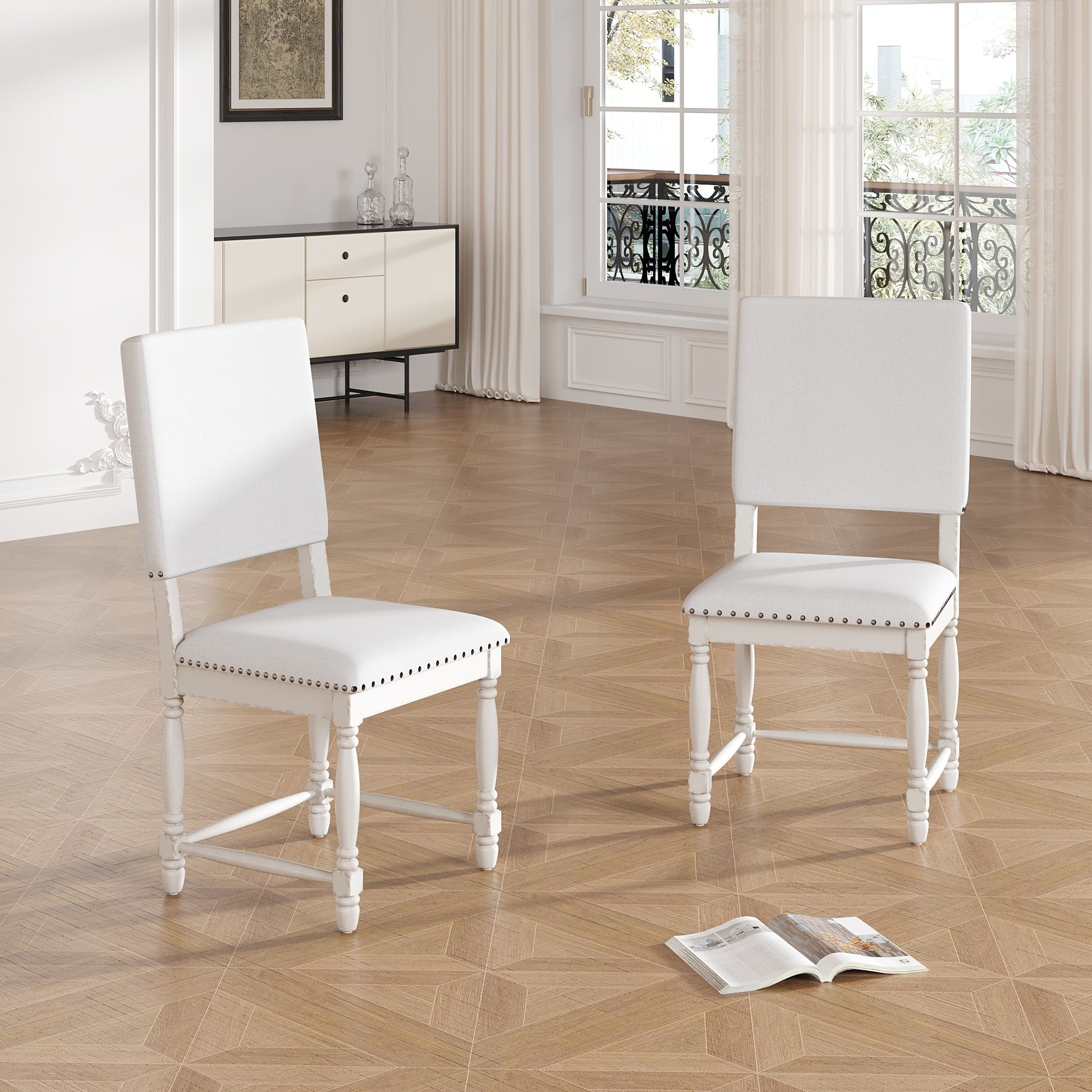 Vintage Traditional 2 Piece Upholstered Dining Chairs With Padded Backs, Cream Cream Dining Room Traditional Rubberwood Foam Rubber Wood