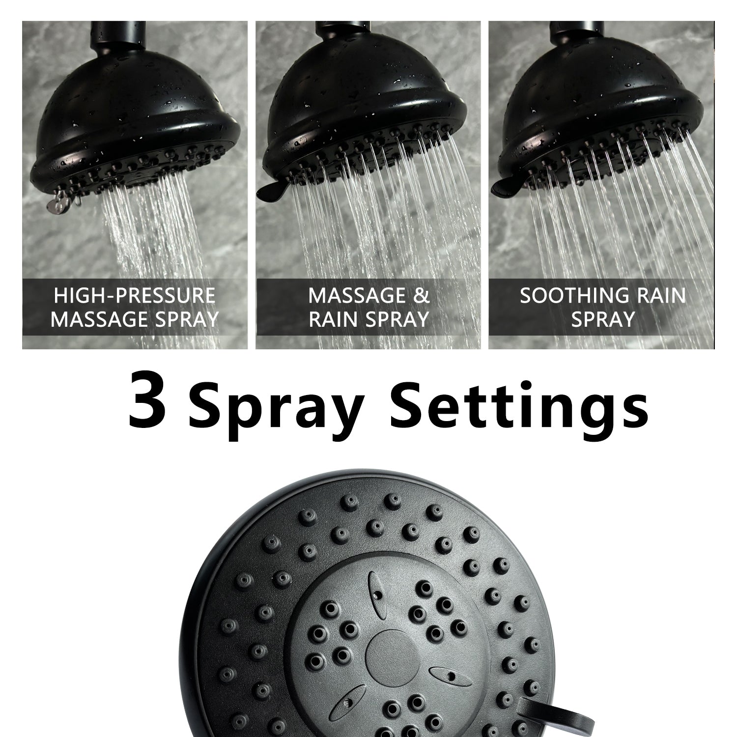 High Pressure Rain Shower Head With 3 Spray Modes, 4 matte black-abs