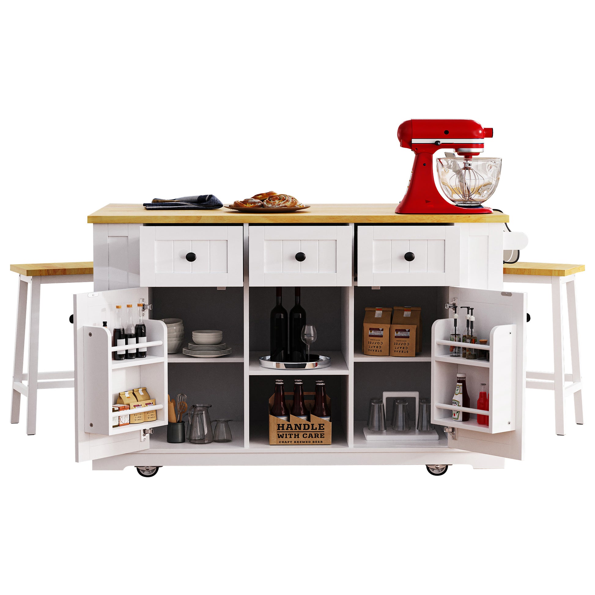 K&K 53Inch Large Kitchen Island With 2 Bar Stools, Power Outlet,Door Internal Storage Rack, Kitchen Storage Cart On 5 Wheels With Drop Leaf, 5 Open Side Racks, 3 Drawers, For Kitchen,Dining