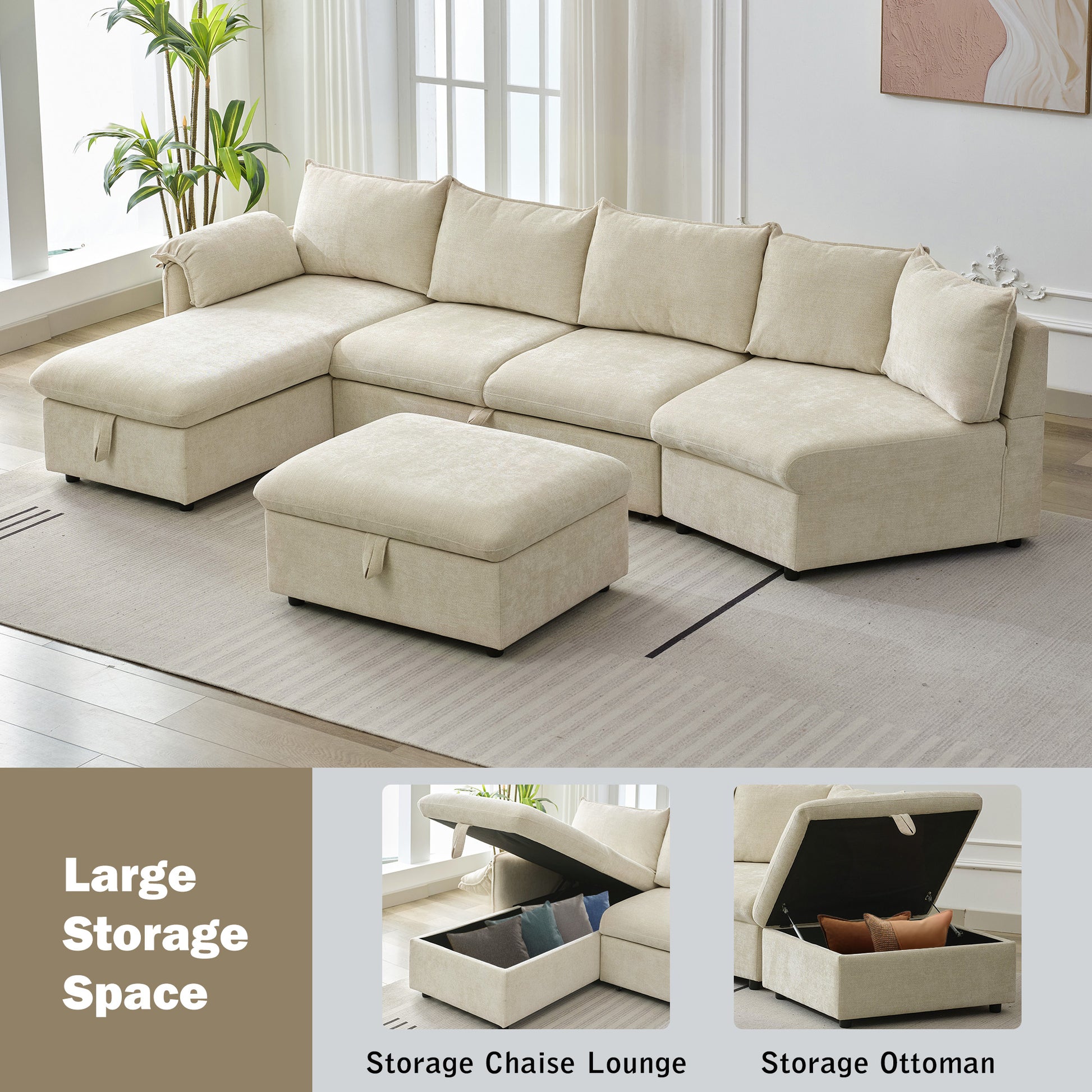 146.9" L Shaped Sofa Sectional Sofa Couch Pull Out Sofa Bed With A Movable Storage Ottoman, A Storage Chaise Lounge And Two Usb Ports For Living Room, Beige Beige Foam Linen 5 Seat