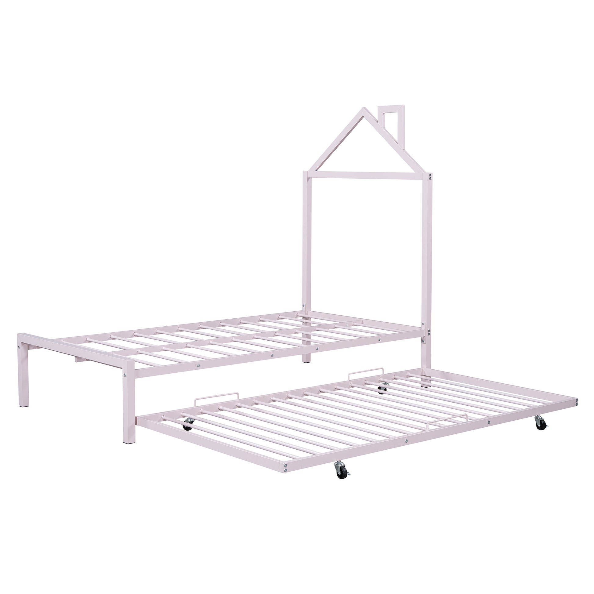 Twin Size Metal Platform Bed With Twin Size Trundle,House Shaped Headboard Design, Pink Twin Pink Metal