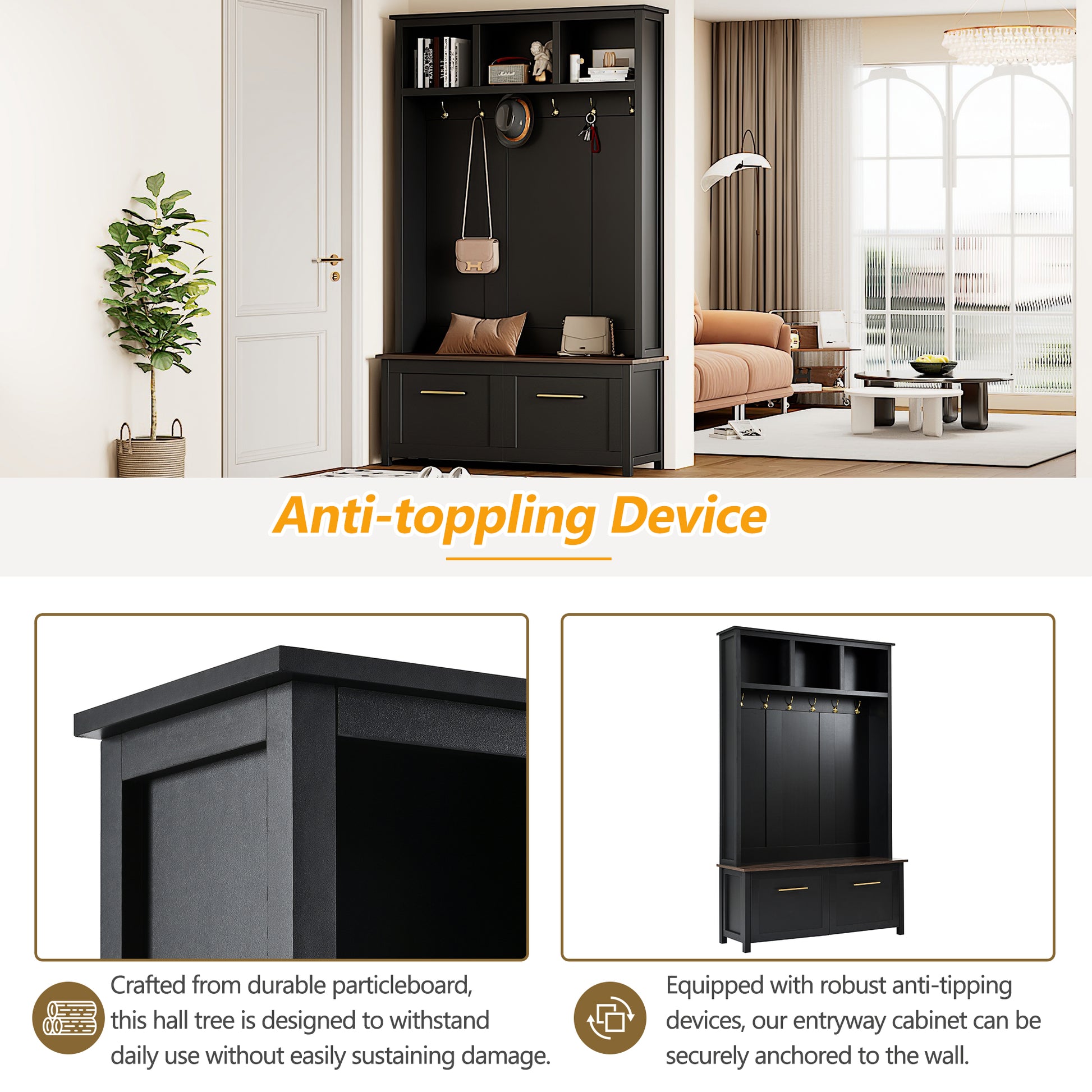 Versatile 4 In 1 Hall Tree With 6 Golden Hooks, Brown Wood Grain Bench With Multiple Storage Space, Entryway Coat Rack With 2 Drawers For Living Room, Hallway, Black, 47.2''W*76.6''H Black Primary