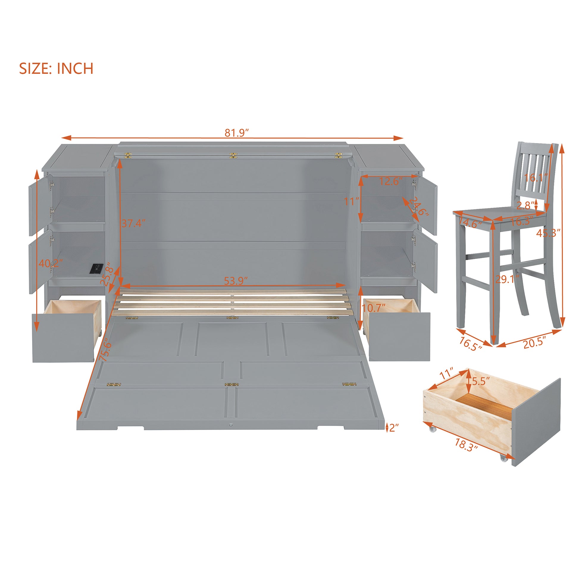 Full Size Murphy Bed With Drawers, Cabinets And Usb Ports,Gray Full Gray Mdf Lvl
