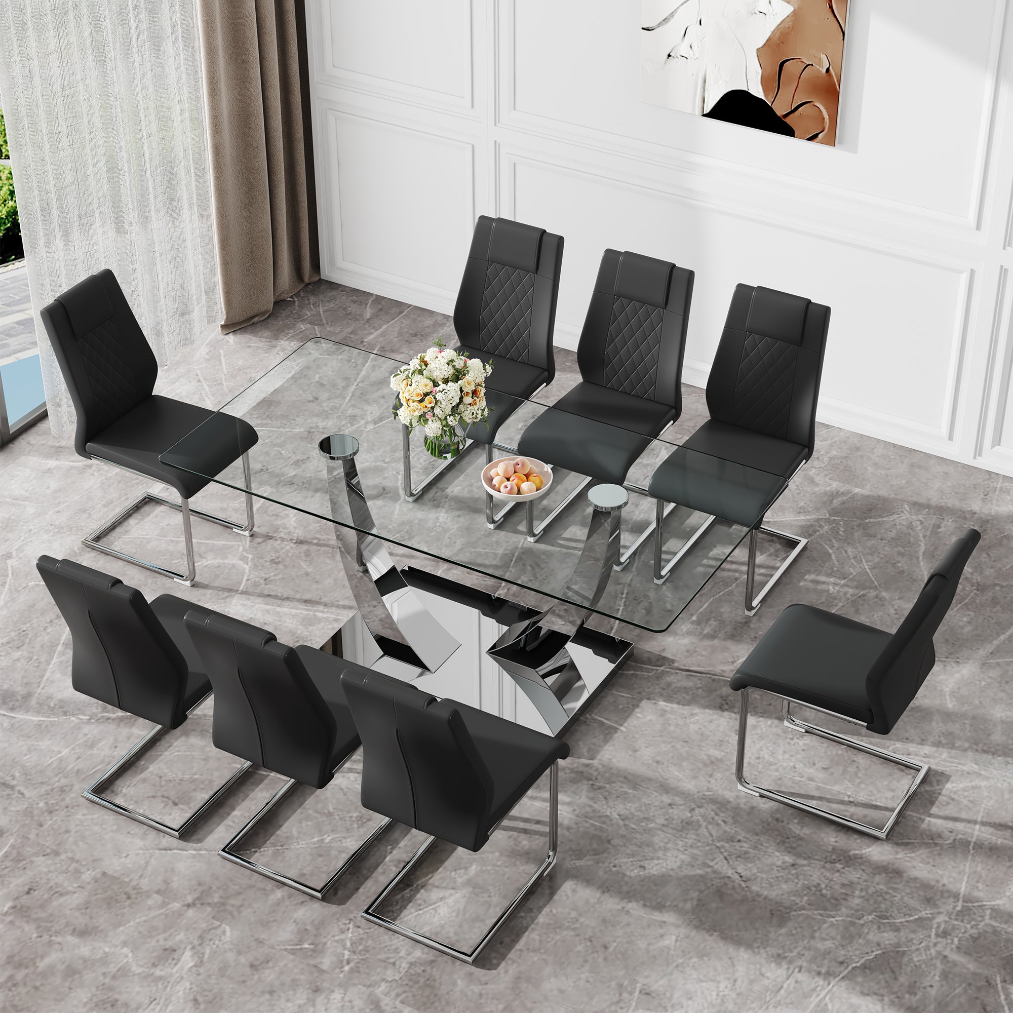 Table And Chair Set.Contemporary, Minimalist Rectangular Dining Table Featuring A Clear Tempered Glass Top And Sleek Silver Legs. Paried With Chairs Made Of Pu Material Cushion And Silver Metal Legs. Black Seats 8 Glass Metal