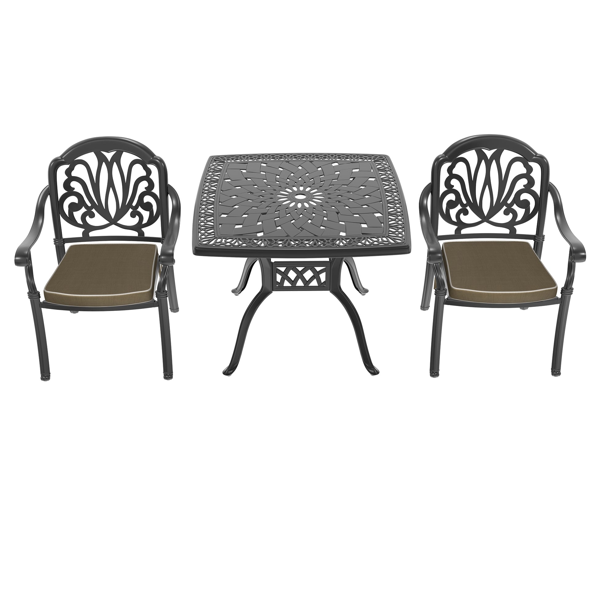 Cushions In Random Colors 3 Piece Set Of Cast Aluminum Patio Furniture With Cushions Yes Dining Set Black Seats 2 Rust Resistant Frame Water Resistant Cushion Garden & Outdoor Complete Patio Sets Aluminium