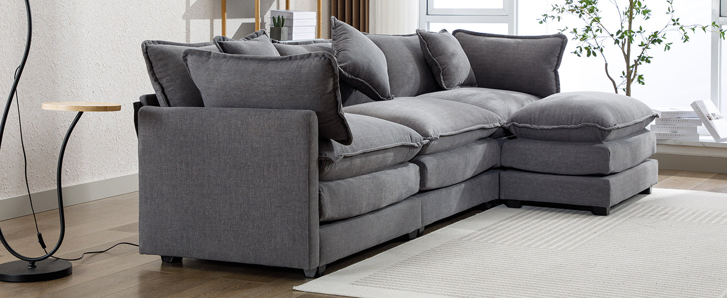 112.2" L Shape Chenille Upholstered Sofa For Living Room Modern Luxury Sofa Couch With Ottoman, 5 Pillows, Gray Gray Foam 4 Seat