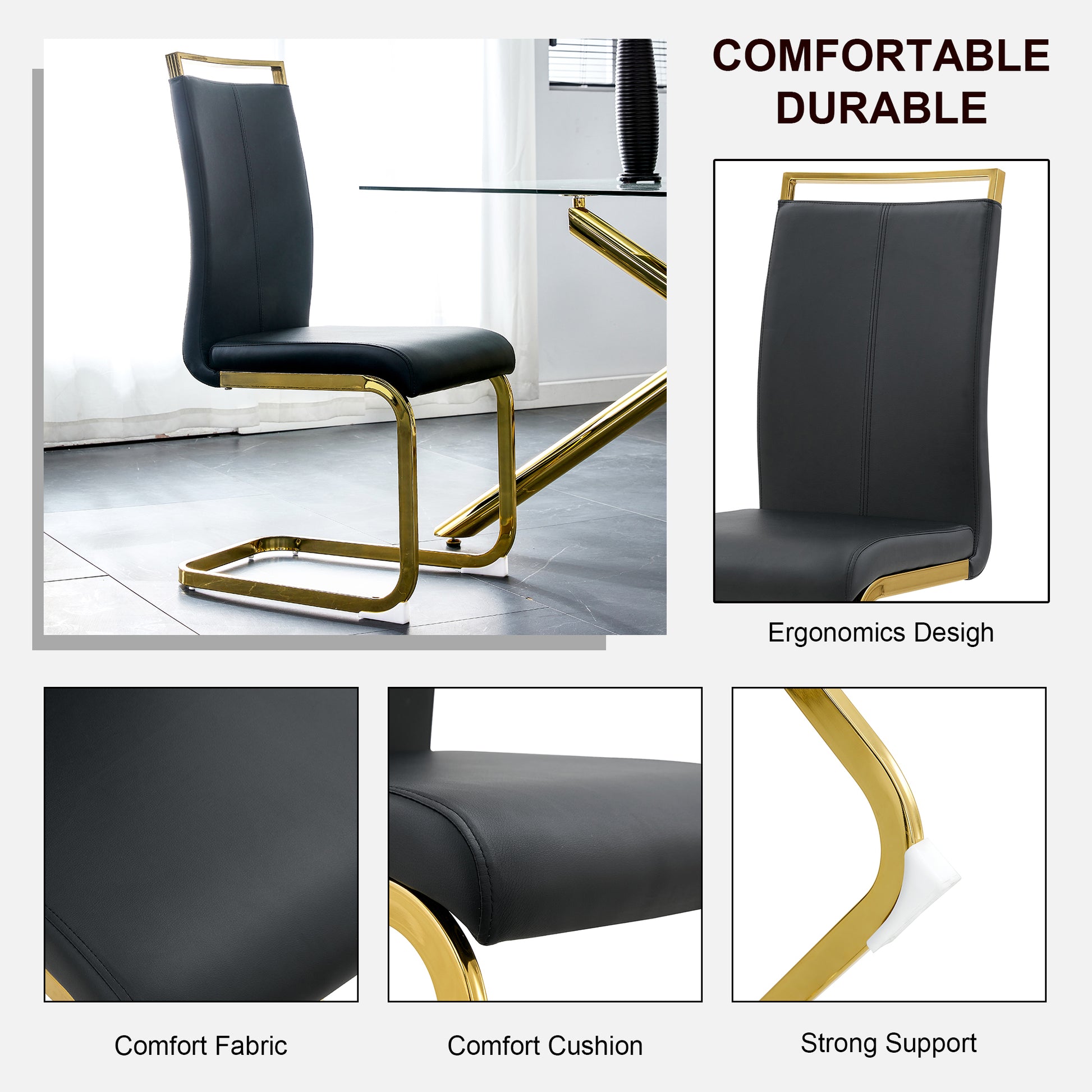 Table And Chair Set, The Table Is Equipped With A Marble Patterned Mdf Tabletop And Gold Table Legs.The Chair Is Equipped With Pu Synthetic Leather High Back Cushion And Gold Coated Metal Legs. Gold Black Seats 6 Mdf Metal