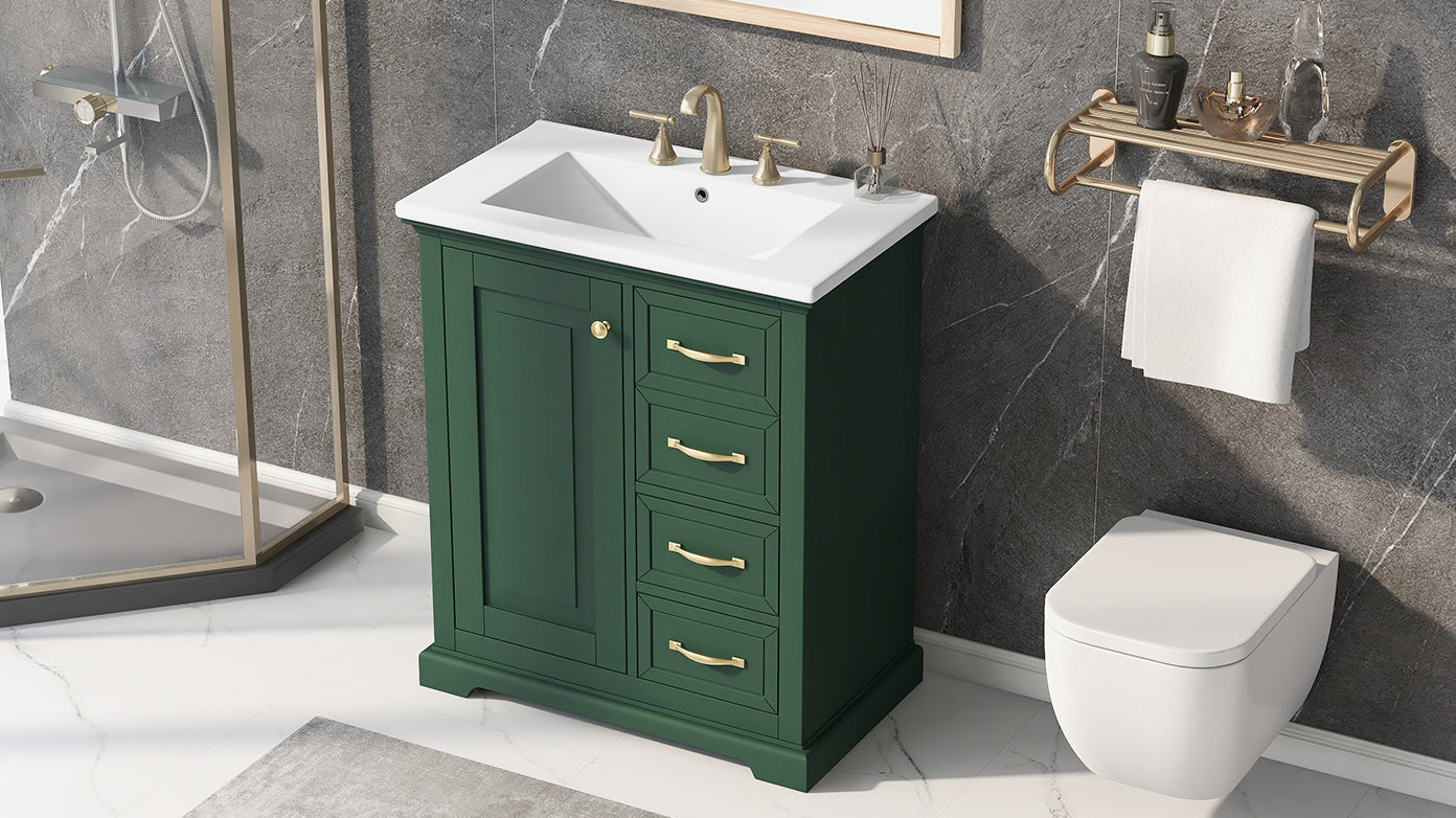 30" Bathroom Vanity With Sink, One Package, Green Bathroom Cabinet With Drawers, Solid Frame And Mdf Board Green Solid Wood Mdf