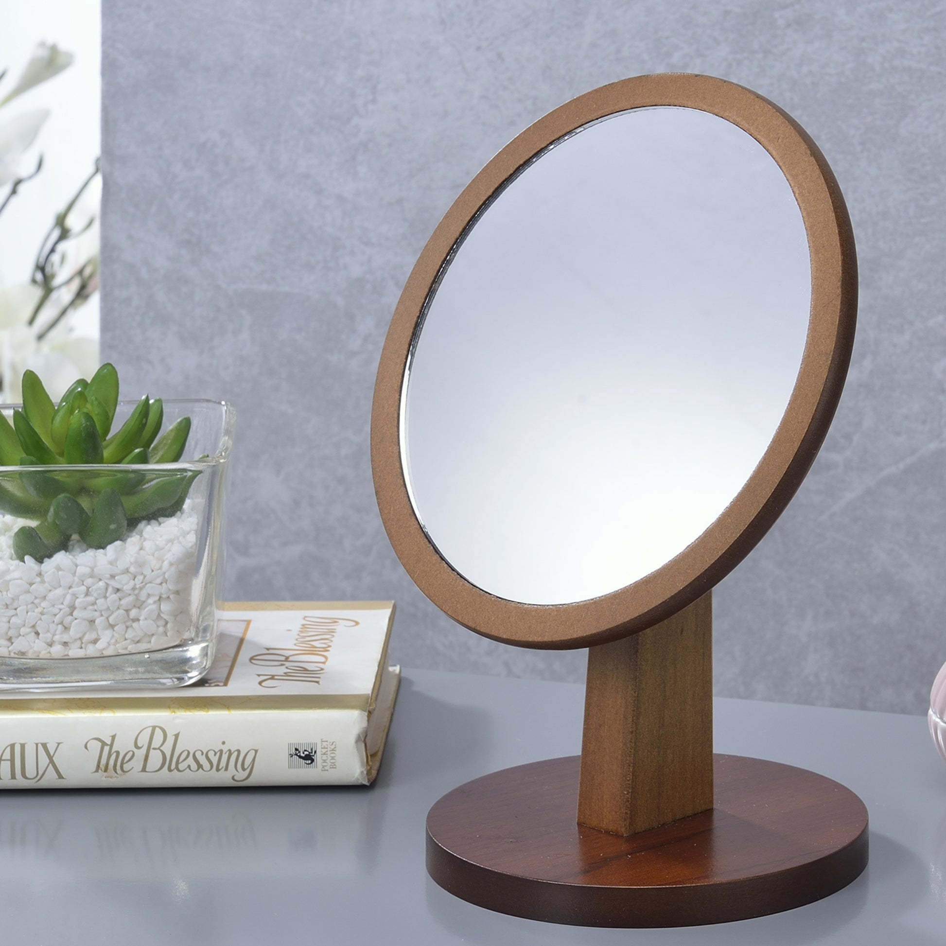 9.5" Tall Polyresin And Wood Make Up Mirror On A Pedestal, Walnut Finish Multicolor Wood