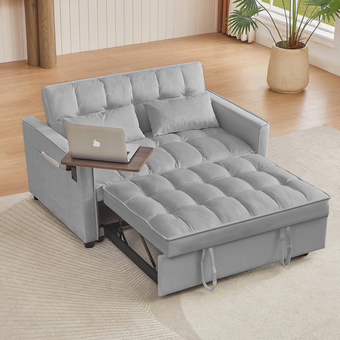 Grey Velvet Loveseat Sofa Bed Gray Wood Tufted Back Square Arms Foam Velvet 2 Seat