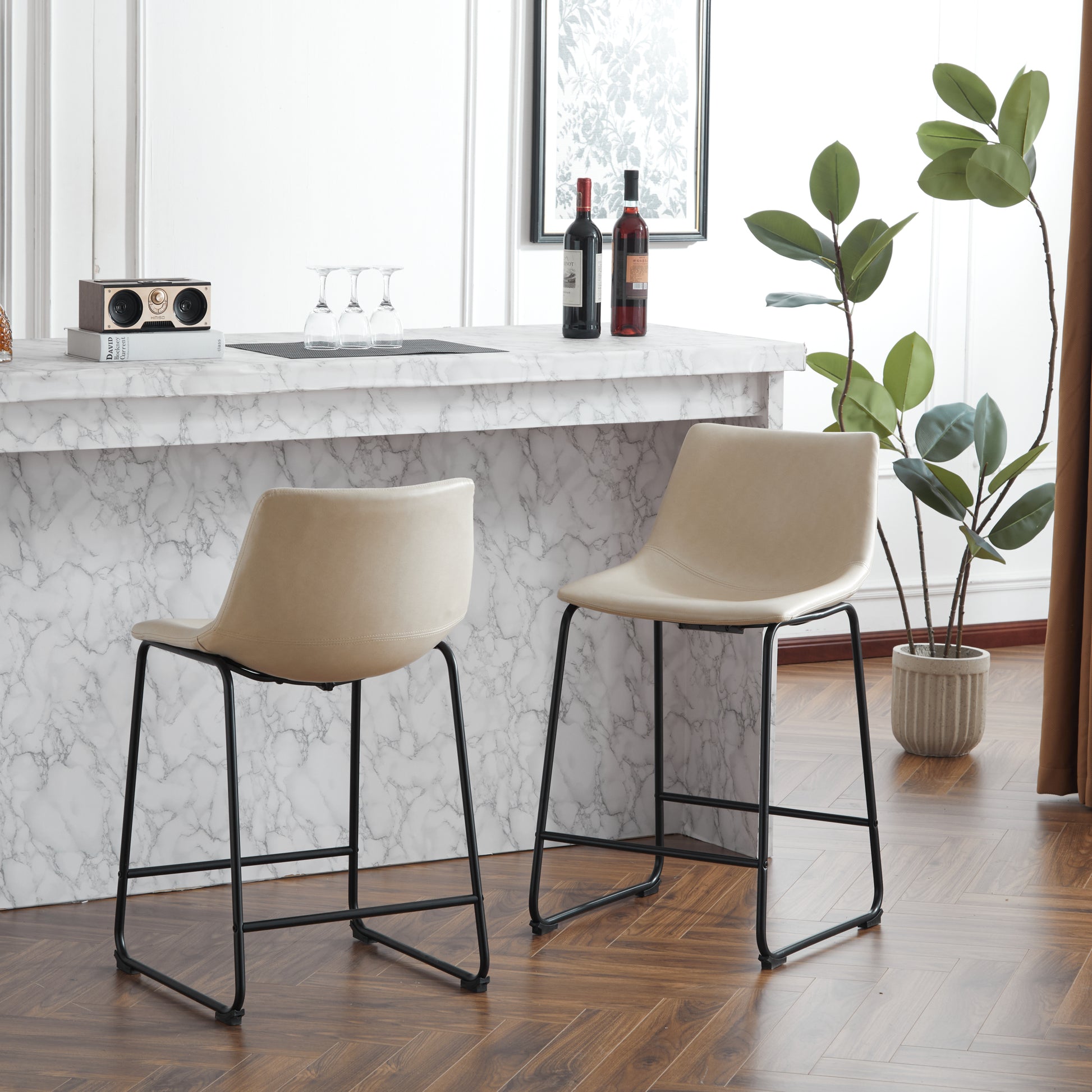 Set Of 2 Vintage Style 24 Inch Armless Industrial Faux Leather Counter Stool With Metal Legs And Footrest For Kitchen Island, Cafe, Pub, Bar Counter, Cream And Black Iron Black Cream Dining Room Powder Coated Foam Wipe Clean Square Vintage Solid Back Set