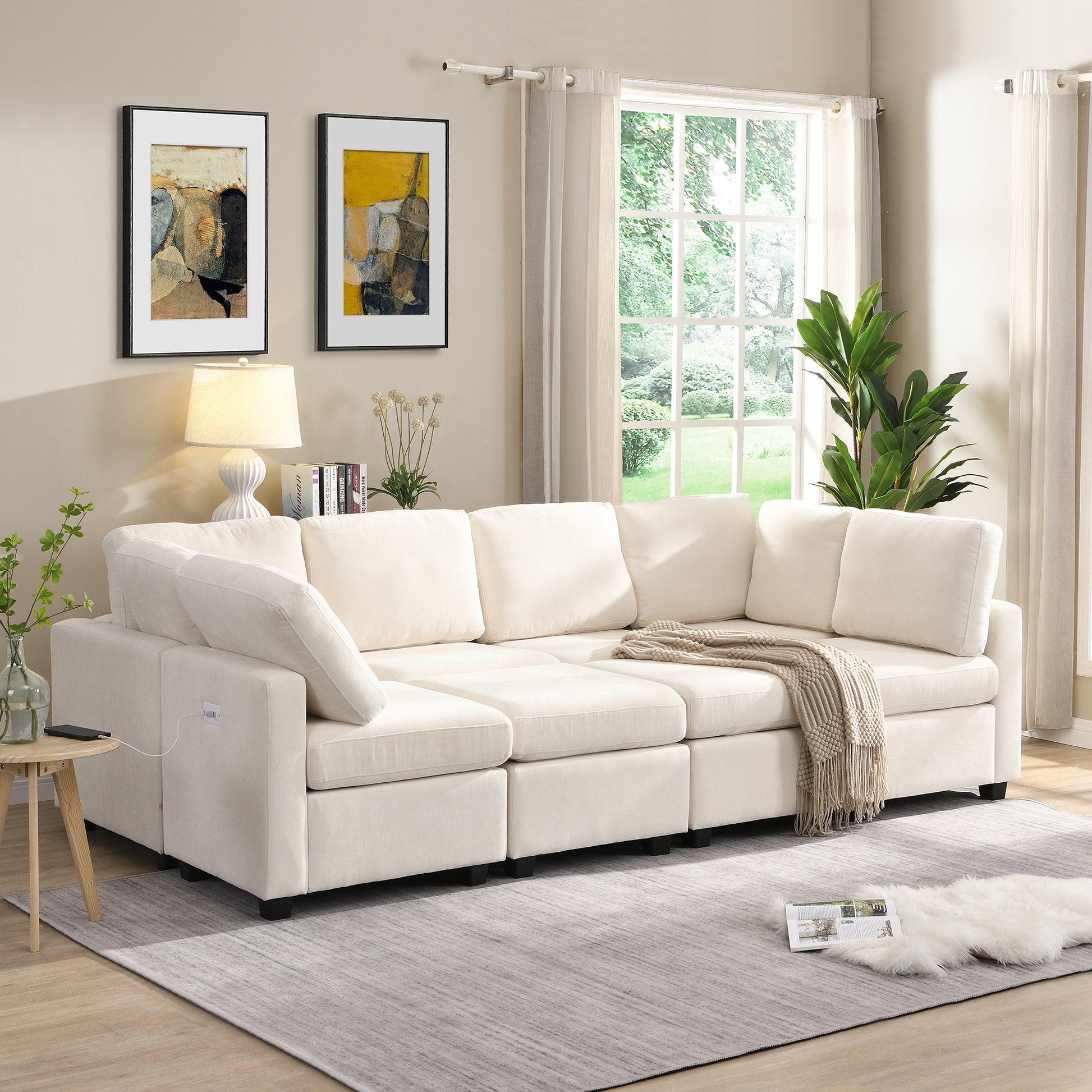 103" Sectional Sofa Couch Sofa Bed U Shaped Sofa With Two Movable Ottoman And Three Usb Ports For Living Room, Beige Beige Foam Chenille 6 Seat