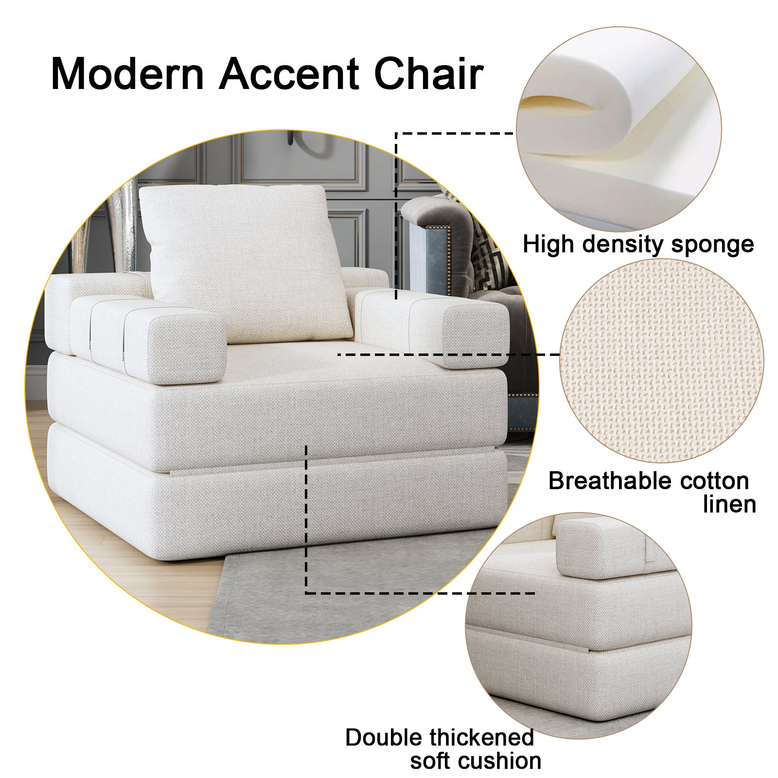 Single Sofa Chair That Converts To A Single Sofa Bed For Living Room, Guest Room, Playroom, White Creamy White Primary Living Space Modern Foam Linen