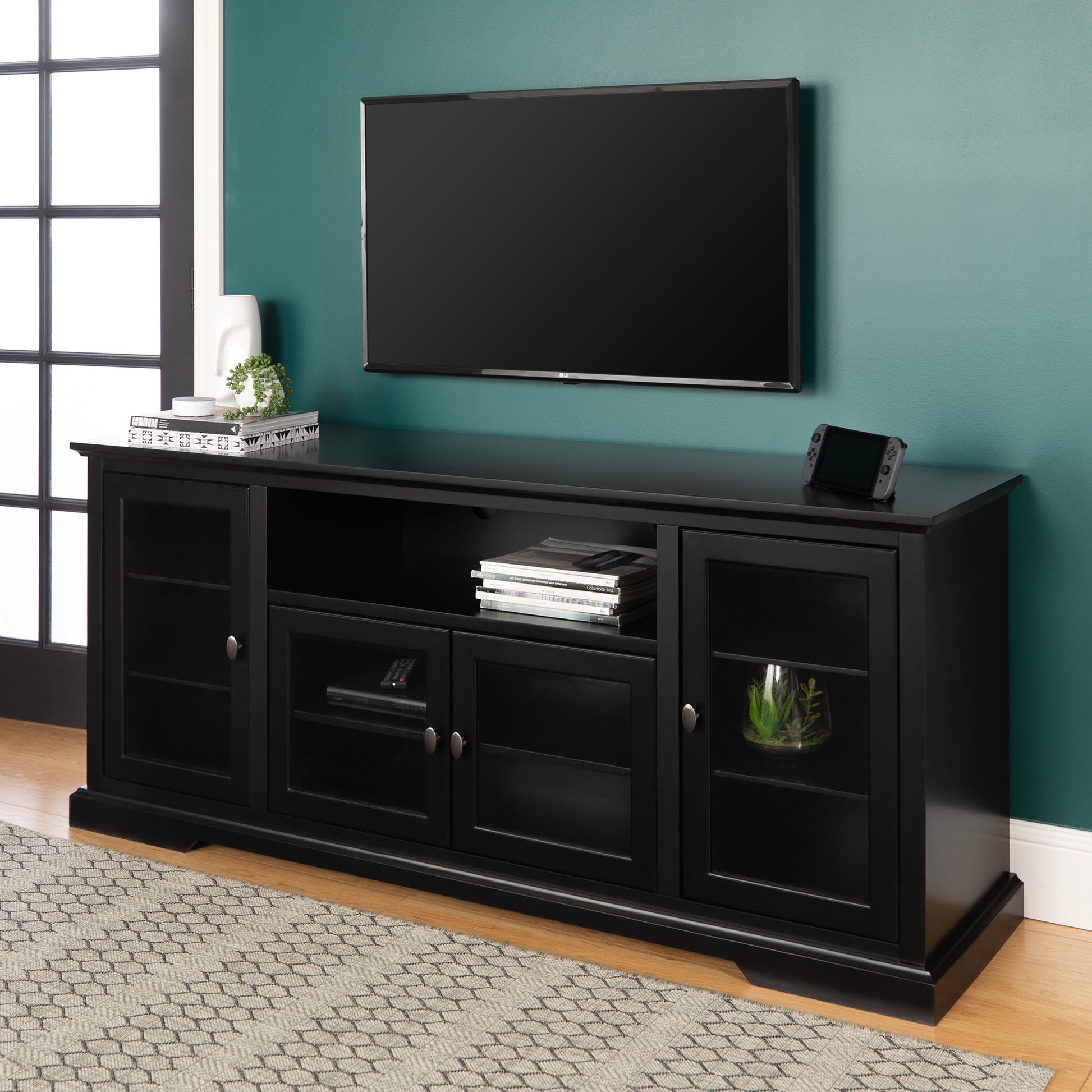 Transitional Classic 70" Tv Stand For 80" Tvs With 4 Glass Doors Black Black Mdf