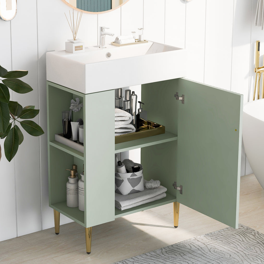 21.6" Green Bathroom Vanity, Combo Cabinet, Bathroom Storage Cabinet, Single Ceramic Sink, Left Side Storage Green Bathroom Ceramic Mdf